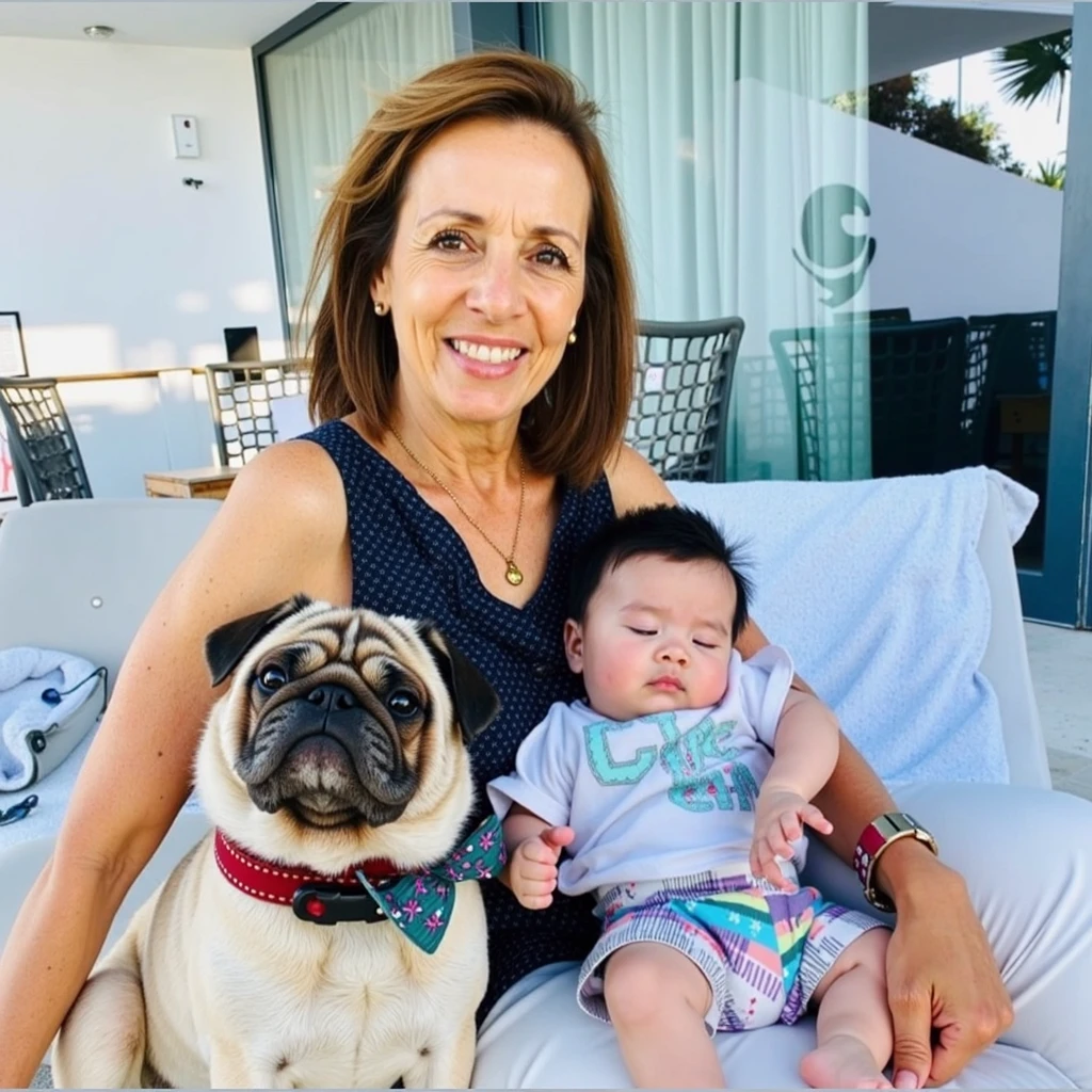 Happy woman, with striped dress shirt, holding in like a Maltese puppy and a 9 month old baby, beautiful fair skin, blonde hair