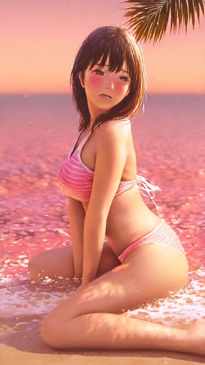 (masterpiece), (best quality), (ultra-detailed), (extremely detailed cg), (a extremely delicate), (perfect lighting), (8k), (dynamic angle), (sharp image), vibrant colors, female, masterpiece, best quality, depth of field, cinematic lighting, masterpiece, best quality, ultra-detailed, colorful, vibrant, large breasts, thighs, mature female, solo, (masterpiece, best quality, high resolution, animescreencap, anime colored,), (perfect ???????, beautiful detailed eyes, beautiful detailed body, beautiful breast, shiny skin), the sexy anime woman is standing outside, (white tank top),(laced panties),makima(chainsaw man), 1girl,long hair, loose ponytail, red hair, side bangs, red eyes, ringed eyes, medium breasts,((sweaty body)) , ((wet skin)), very wet skin, shy expression, blushing,body abs, outdoors, seaside, beach sand, blue skies, sunlight, arms behind head, sweaty armpits, super wet skin, show both armpits, dynamic pose, erotic pose, looking at viewer, او شرت ندارد و بیدمشک او نمایان است  او لخت است و کس صورتی او نمایان است 