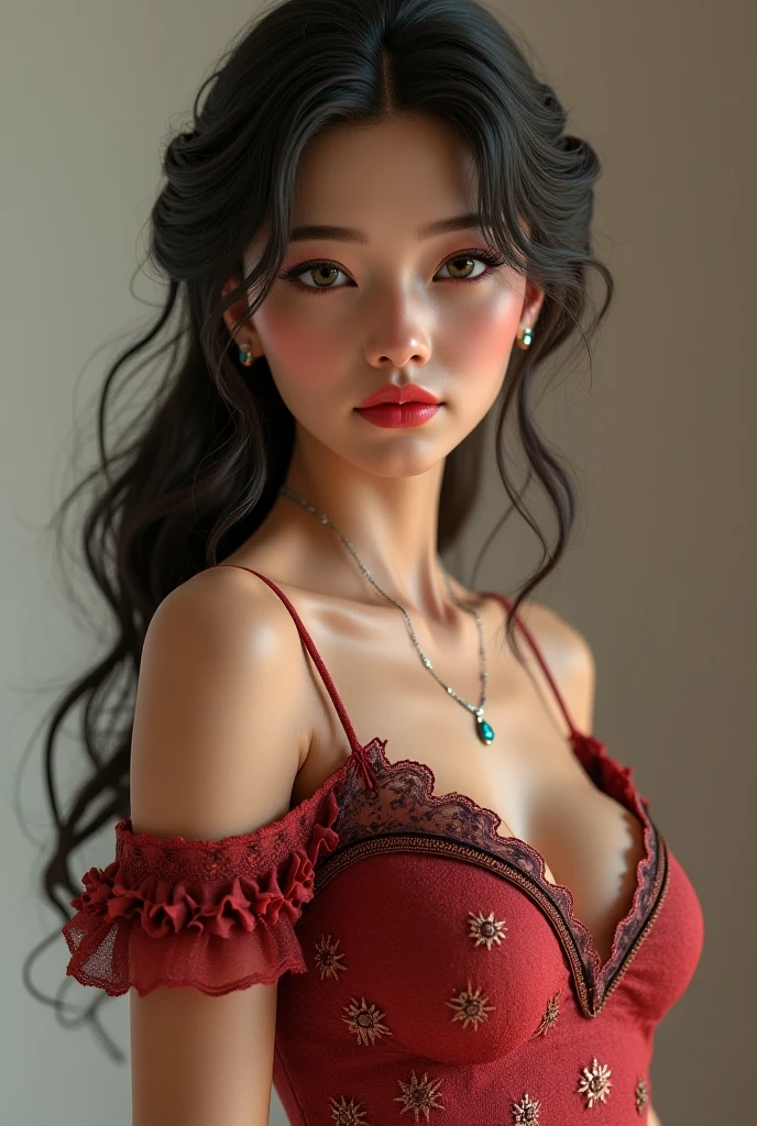 Beautiful lady. Hour glass body figure. White skin. She has long limbs. Her hair is black and long. Her eyes are big double eyelids. Her lips are thin and peach in colour. She wears a floral mini dress with thin strap. She has striking brown eyes. She gives the vibe of sexiness and seductress.