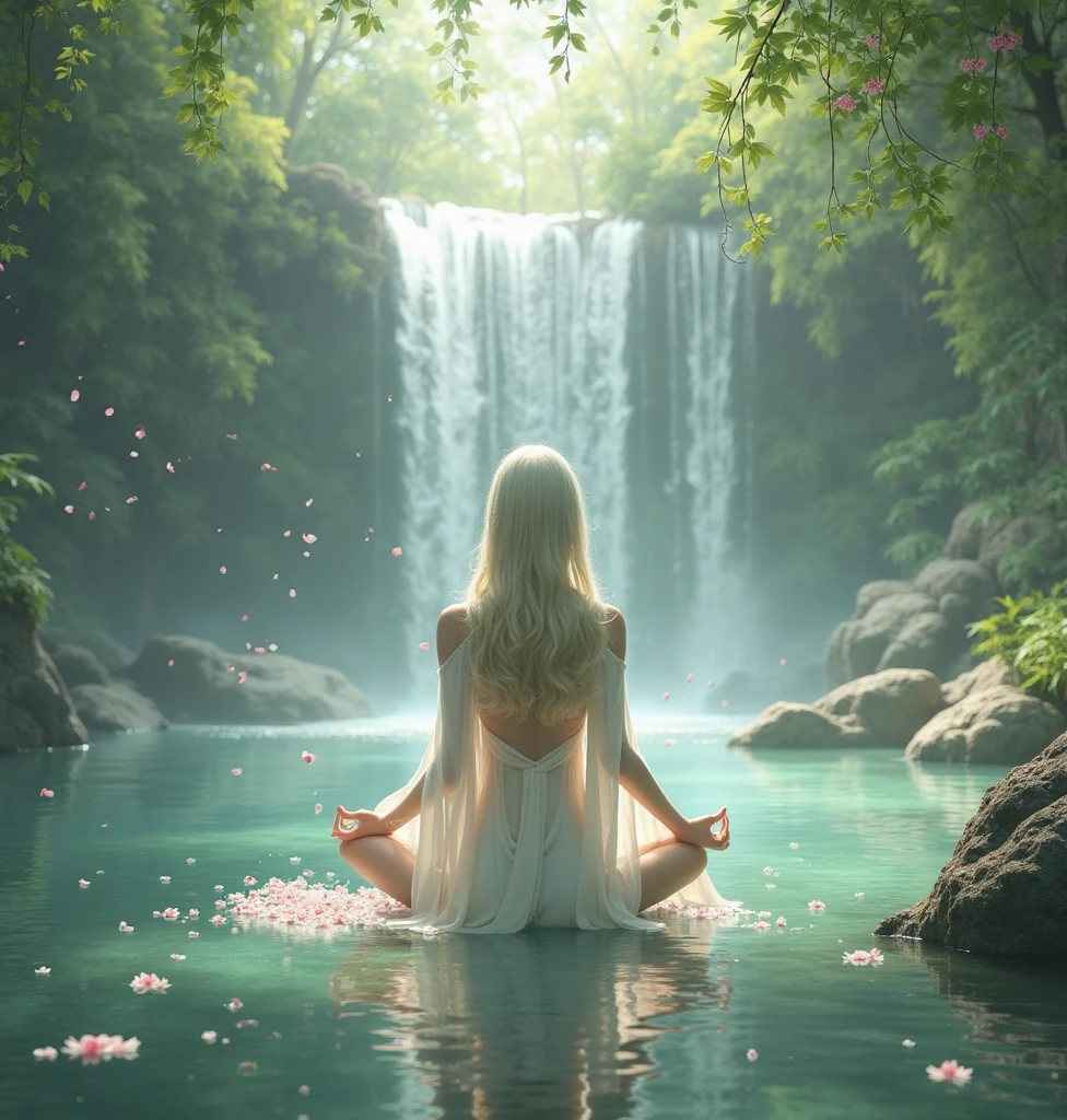 A lovely scantily clad woman prays for fertility at a jungle waterfall. A translucent goddess floats above the water and listens to her prayer. Moonlit confession