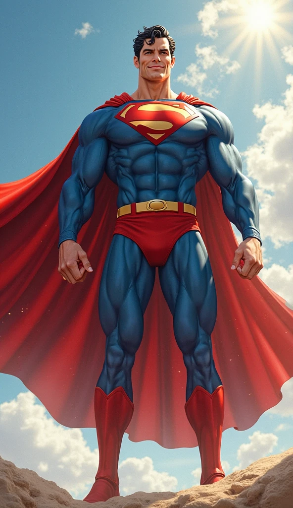 superman smiling fluttering cape. red boots, red underwear.