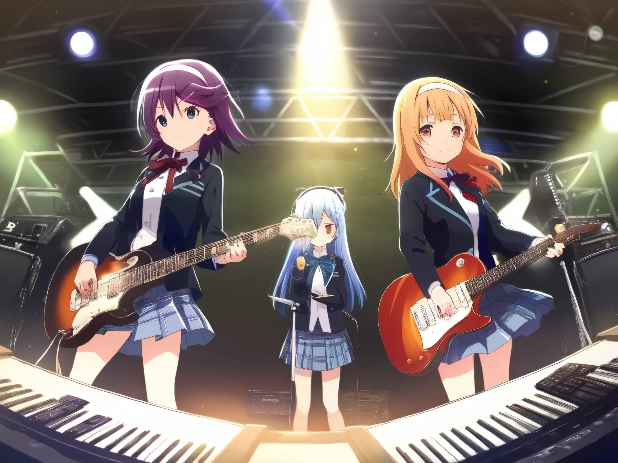 Band of 5 anime girls, dressed in schoolgirl uniforms, colored hairs , different instruments (guitar, under, Battery, keyboards), stage with colored spotlights, General plan of the girls
