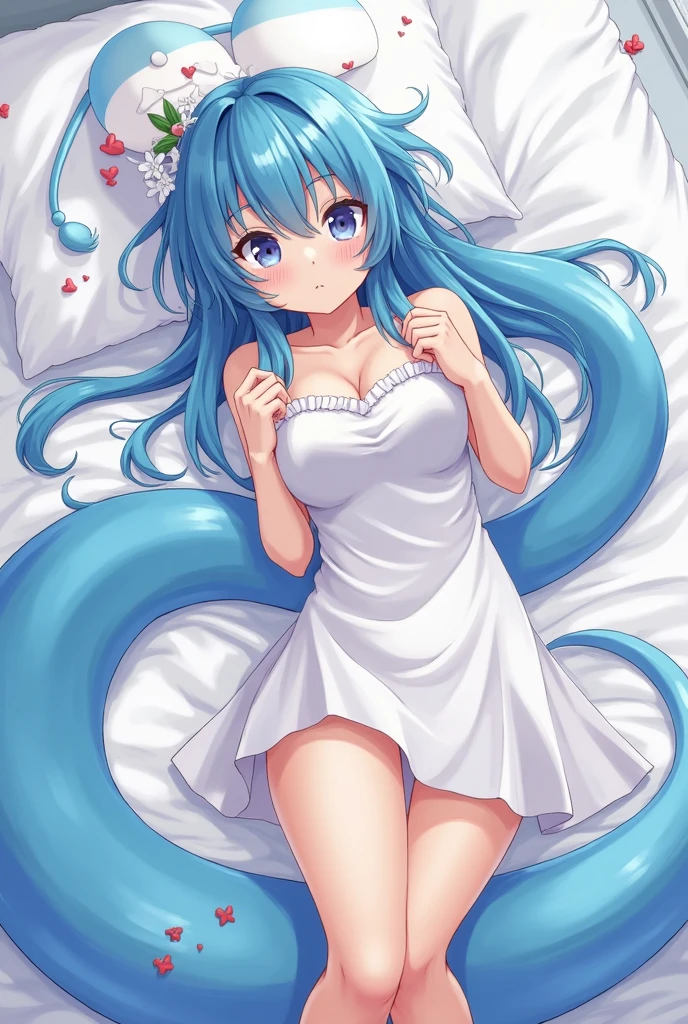 anime girl laying on bed with blue hair and white dress, an anime drawing inspired by Rei Kamoi, trending on pixiv, process art, reincarnated as a slime, seductive anime girl, tensei shitara slime datta ken, aqua from konosuba, rogue anime girl ayanami rei, sitting on her bed, anime moe artstyle