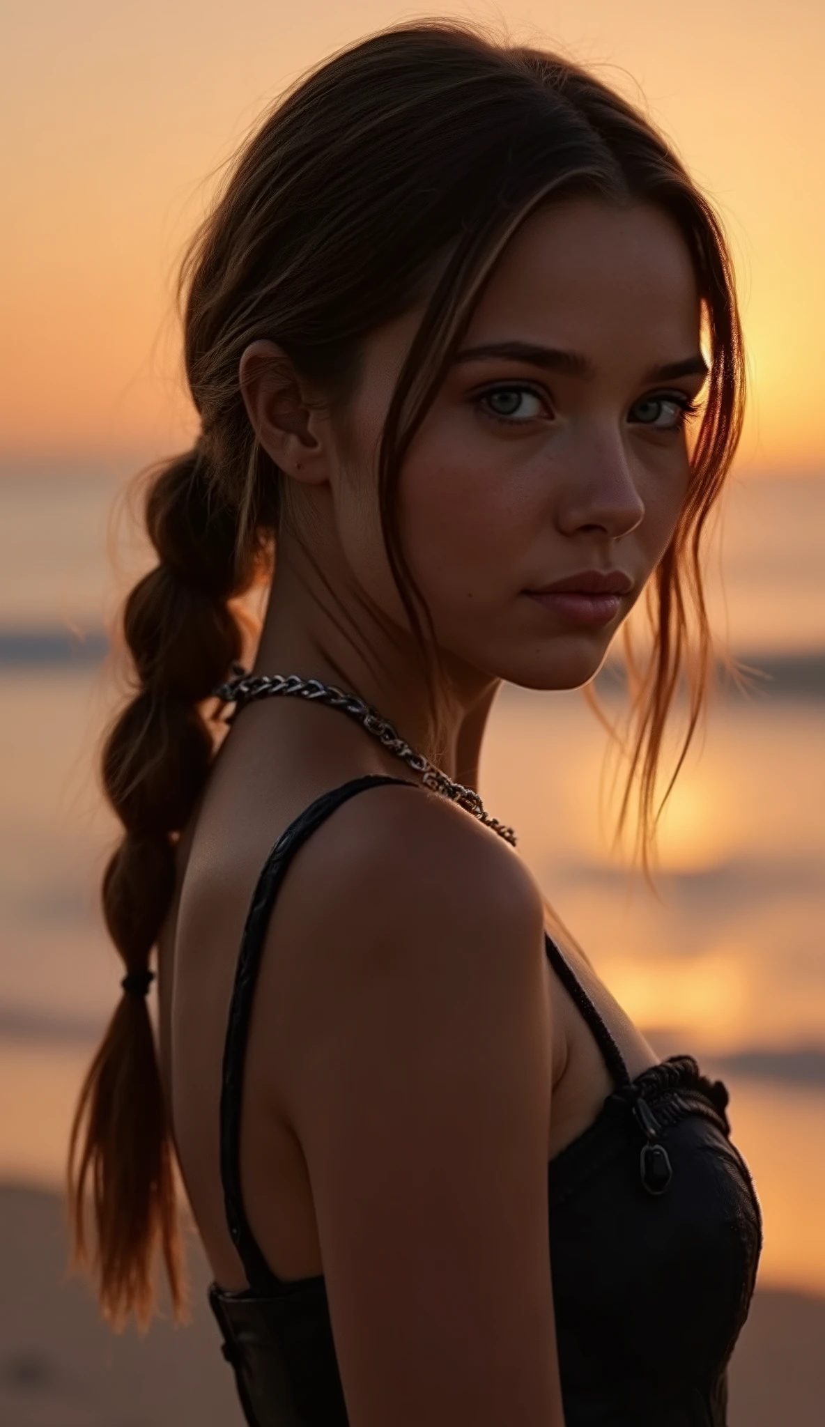 🌟 quality & silent: whole head down to below the chest, three sided view, masterpiece, 8k, ultra high resolution, hyperrealistic, very detailed, natural lighting, SLR lighting, SLR camera , Fujifilm XT3, film grain, Sharp concentration, perfect lighting. 🌌 Scene & background: different backgrounds: A romantic sunset on the beach, with warm,  golden hues . A dark, mysterious forest with moonlight, that falls through the trees. A luxurious Bedroom with candlelight and silky curtains. Ein urbaner background mit Neonlichtern und regennassen Straßen. 😈 model & Styling:  wild girl, black hair, different hairstyles such as ahoge, quin tails, tri tails, pixie cut, expressive hair, single sidelock, hair pulled back, french braid, blunt bangs, streaked hair, flattop , which in various Poses fall loose or styled are,  and bright blue eyes , glowing blue eyes,  She is wearing a lightweight , leather corset with deep neckline. 🔥 Pose & Mood: Different sensual facial expressions:  she looks directly at the camera , with a seductive smile and half-closed eyes. She opens her lips slightly, with a playful and tempting look. She tilts her head slightly to the side, with a dreamy and sensual expression. She looks over her shoulder, with a mysterious and intense look. Die Mood ist sinnlich, seductive and full of emotions. 💋 