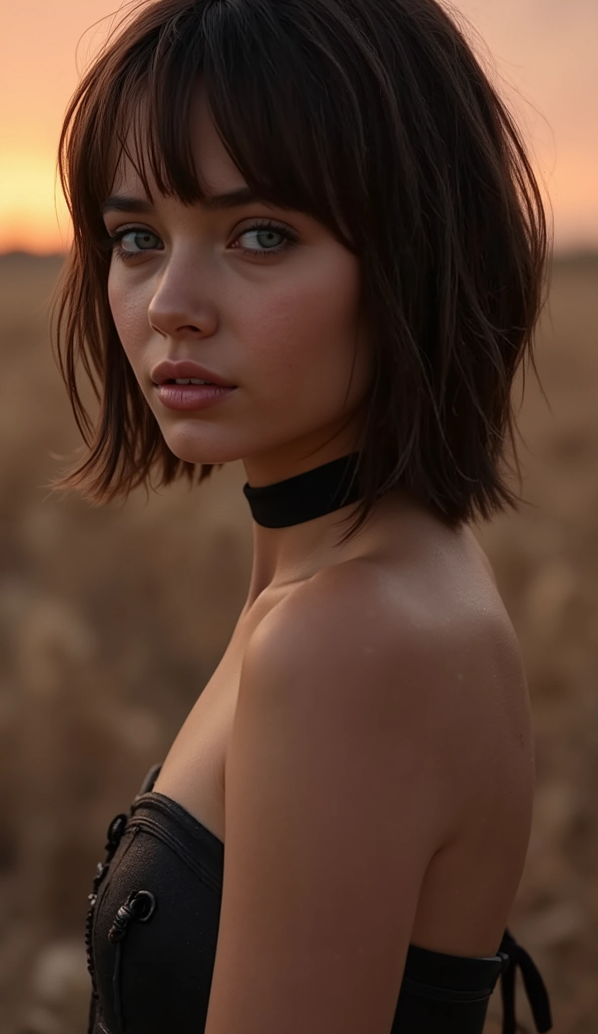 🌟 quality & silent: whole head down to below the chest, three sided view, masterpiece, 8k, ultra high resolution, hyperrealistic, very detailed, natural lighting, SLR lighting, SLR camera , Fujifilm XT3, film grain, Sharp concentration, perfect lighting. 🌌 Scene & background: different backgrounds: A romantic sunset on the beach, with warm, golden hues . A dark, mysterious forest with moonlight, that falls through the trees. A luxurious Bedroom with candlelight and silky curtains. Ein urbaner background mit Neonlichtern und regennassen Straßen. 😈 model & Styling: wild girl, black hair, different hairstyles such as ahoge, quin tails, tri tails, pixie cut, expressive hair, single sidelock, hair pulled back, french braid, blunt bangs, streaked hair, flattop , which in various Poses fall loose or styled are, and bright blue eyes , glowing blue eyes, She is wearing a lightweight , leather corset with deep neckline. 🔥 Pose & Mood: Different sensual facial expressions: she looks directly at the camera , with a seductive smile and half-closed eyes. She opens her lips slightly, with a playful and tempting look. She tilts her head slightly to the side, with a dreamy and sensual expression. She looks over her shoulder, with a mysterious and intense look. Die Mood ist sinnlich, seductive and full of emotions. 💋