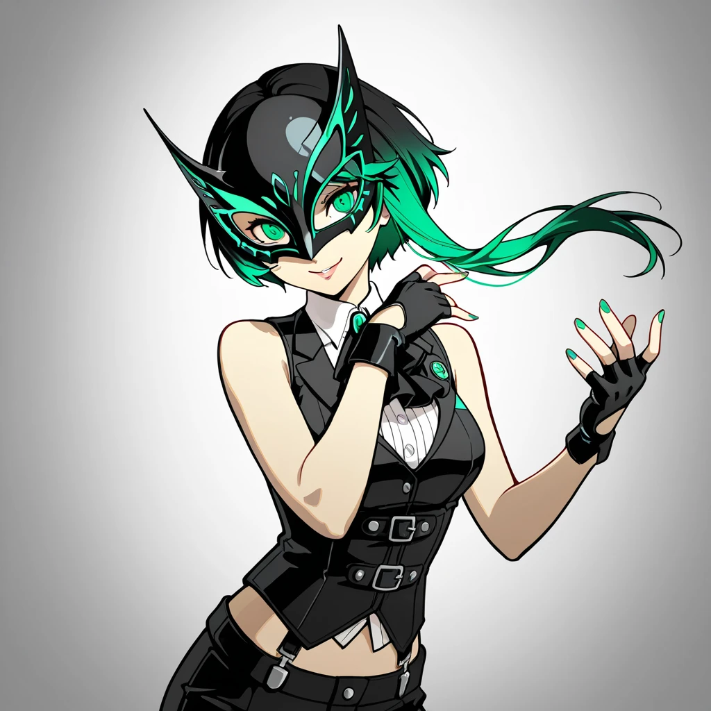 Sailor Neptune of the Fallen. female solo. Aqua color hair. Brainwashed eyes. A black mask that hides the eyes. Evil costume. nefarious smirk. Latex Costume. Full Body Stockings. Futuristic machine background.