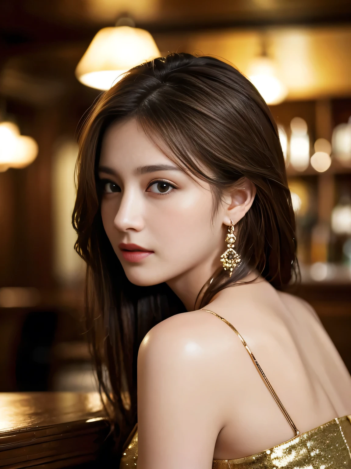masterpiece, highest quality, Realistic, Very detailed, Finer details, High resolution, 8k wallpaper, One beautiful woman, Wear an elegant black see-through blouse, In a great pub restaurant, At night, Light brown messy hair, Perfect dynamic composition, Beautiful and beautiful eyes、Big earrings、Sleeveless shirt、