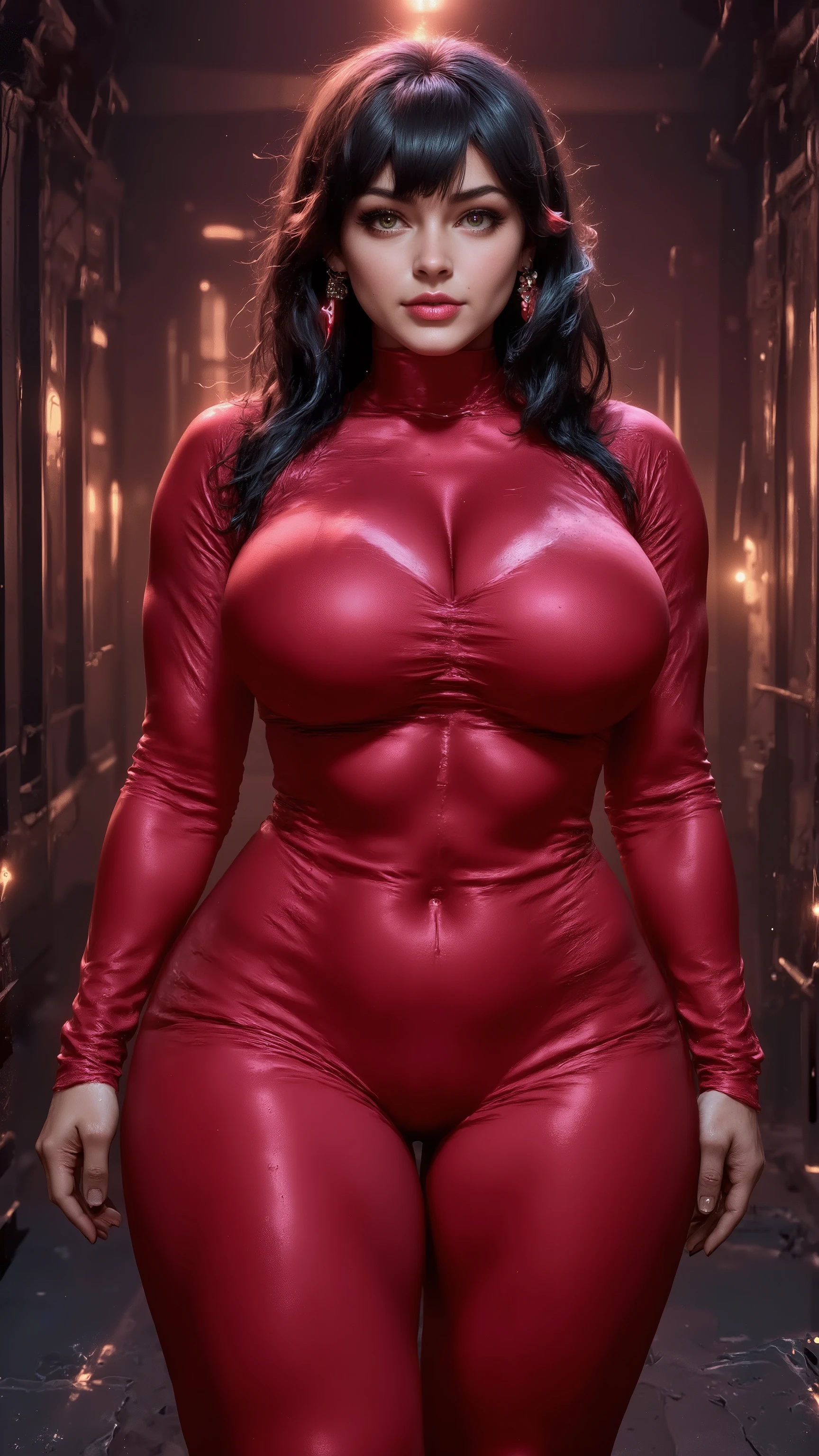 ((RAW Photo), absurd, (absurdresolution)), masterpiece, best quality, (Extremely detailed 8k unity CG wallpaper), (best illustration), (best shadow), Realistic lighting, beautiful detailed glow, ((21 years old)),digital art, 8k, (masterpiece) masterpiece, highly detailed eyes, highly detailed faces, full body shot, feet in frame, 3 ladies
Russian, 21 years old, 5'11", 115 lbs., large breasts
extra-long black hair that flows down her body, front and back, to her thighs, long bangs, extensive deep-dark-green highlights throughout her hair,
striking bright-yellow eyes that glow gently in the dark,
shiny solid-red catsuit and shiny red leggings, shiny-black pointy low-cut boots,
athletic and strong body with enhanced muscle tone, head and eyes are turned down to look at the viewer, look of vindictive resentment, gazing down at the viewer, the viewer is looking up, low camera angle, st0mp,
setting: photo studio, one off-camera red spotlight, above, black-matte walls floor and ceiling, they maintain intimate proximity, glaring condescendingly at the viewer with vindictive resentment, mean-spirited and angry goddess, long legged goddesses, leggy goddesses