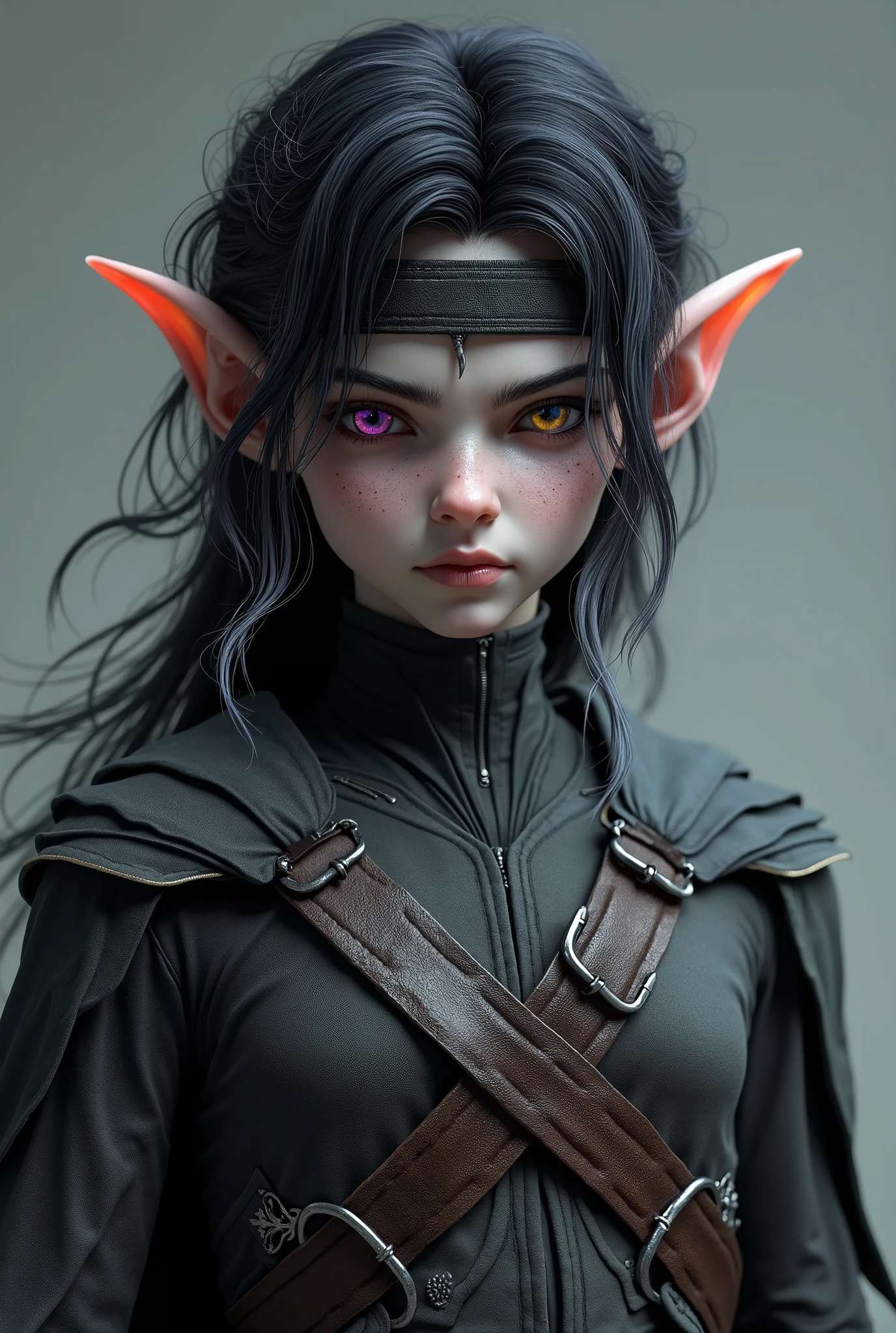 The hybrid elf, despite being only , already carries an intimidating and enigmatic presence. His body is slender, but surprisingly strong, with well-defined muscles for his age, a reflection of his powerful lineage and the intense training he undergoes daily. His skin has a grayish tone, a fusion between the pale complexion of normal elves and the deep black of dark elves. This tone makes him always seem in the shadows, even under direct light. His eyes are a spectacle in themselves: an amber glow mixed with violet, like an eternal twilight, carrying an intense and predatory gaze. His hair is a perfect combination of his two heritages - black as night, but with silver highlights that shine in the light. He keeps it loose and wild, falling in irregular layers to his shoulders, but when training or in battle, he ties up some strands so as not to obstruct his vision. His features are refined and angular, but without losing a certain youthful air, showing that he has not yet reached the full physical maturity of an adult elf. His ears, perfected shorter than those of a pure elf, still have an elegant curve that betrays his origins. For training, he wears a tight and flexible set, made of fabric reinforced with enchanted fibers, allowing resistance and freedom of movement. The short-sleeved tunic is grayish with black and silver details, highlighting his unique status. He wears black leather straps, marked with elven runes, which amplify his physical resistance. The tight and resistant pants allow for quick jumps and turns, and his light boots, made of magical creature leather, ensure silent steps. In moments of more intense combat, a dark band is tied around his forehead, keeping rebellious hairs away from his eyes. His fingers, covered by pointless gloves, glow subtly with the energy of his latent magic, always on the verge of activation. Despite his young age, the hybrid already demonstrates a frightening power, and his solitary and reserved presence means
