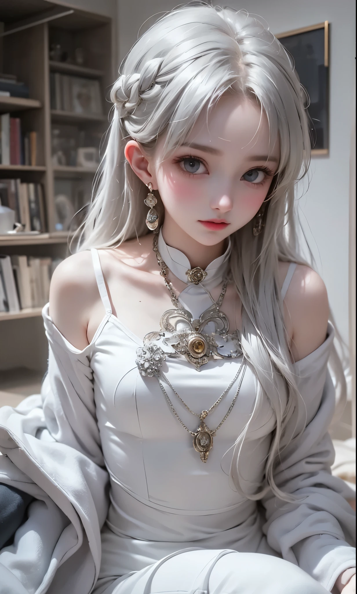 black and white color scheme, sexy girl ,immature , small,Silvery Curly Hair、sitting, upper body