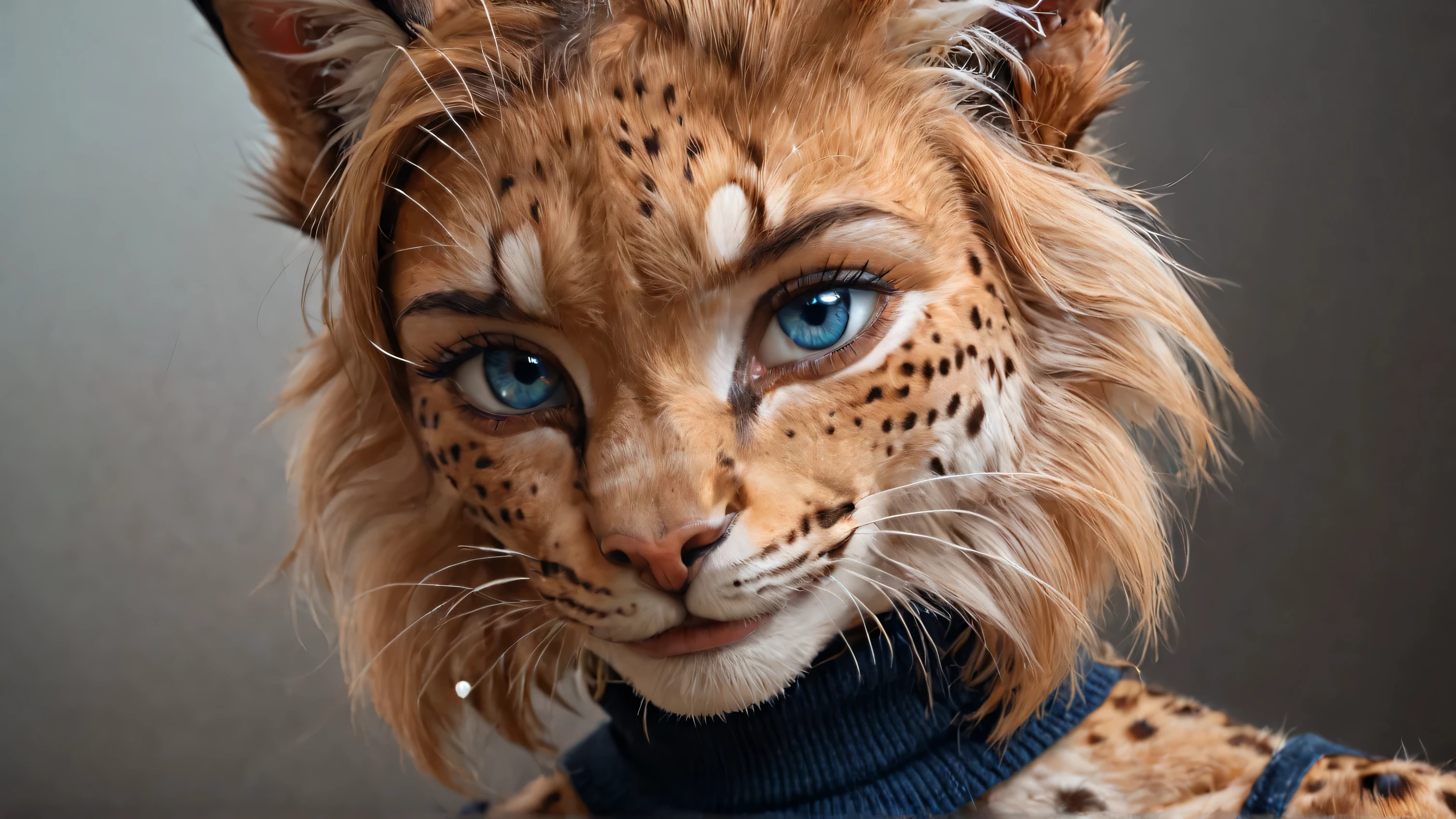 digital_media_(artwork) Hello_cut, check_9, check_8_up, check_7_up, check_6_up, source_fluffy, refinement_safe, anthro, fluffy, woman , fluffy woman , detailed textured fur, fur tufts, lynx, red hair, light brown fur, spots, beautiful blue eyes, medium breasts, covered chest, slim, slim, turtleneck sweater , denim jeans , smile, sfw,