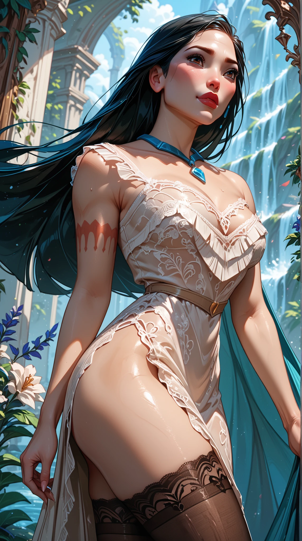 Beautiful, extremely attractive woman (brunette with dark brown hair), large breasts, soft hips; she is in the middle of the forest (soft, warm lighting); she is wearing a dress tight around her waist (her dress is orange mixed with violet); wide neckline that shows her breasts; Her dress has a wide opening in the legs that shows the hairiness of her pussy; she has the expression of sorrow and sensuality, explicit image, masterpiece, fine details throughout