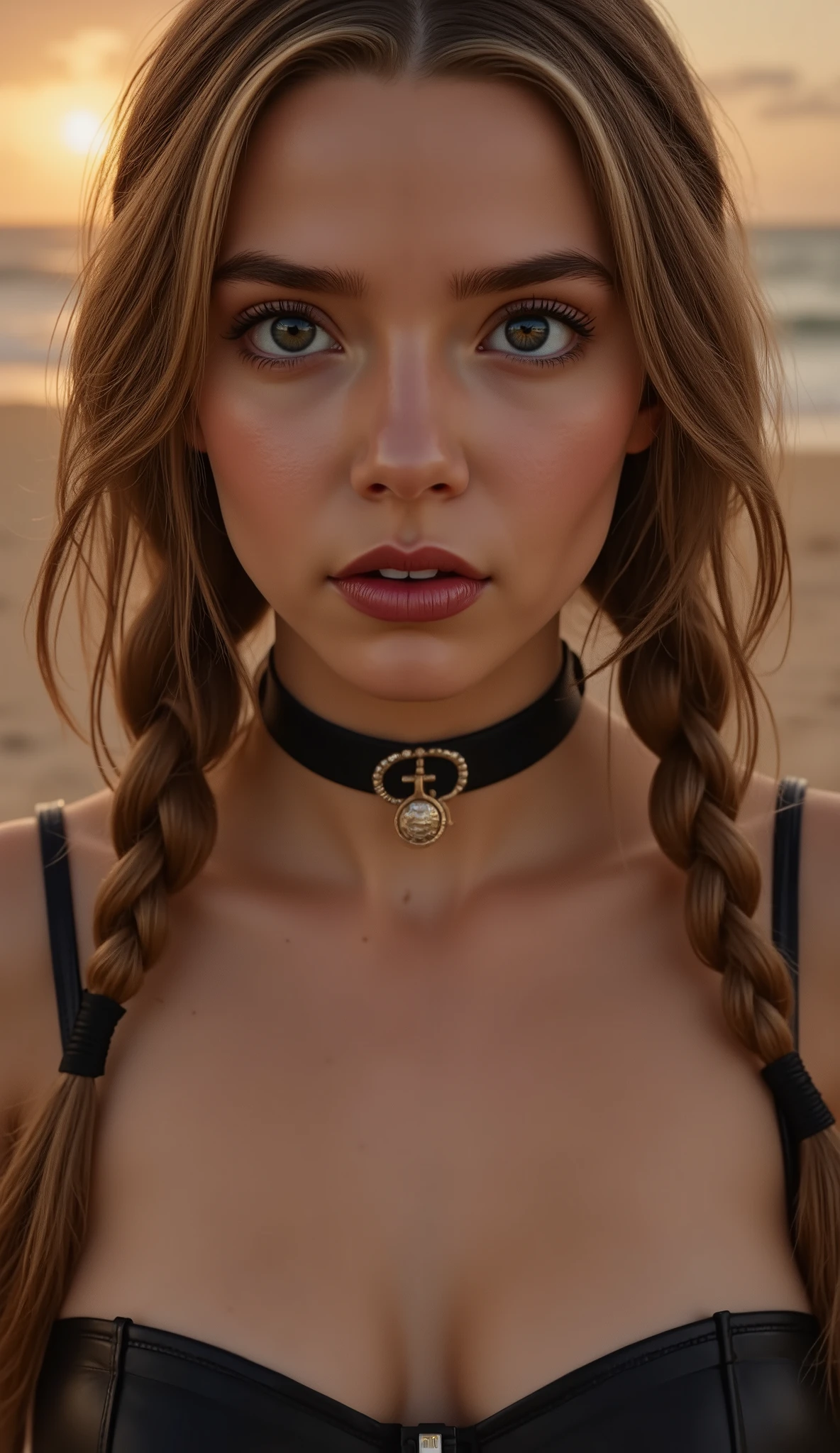 🌟 quality & silent: whole head down to below the chest, three sided view, masterpiece, 8k, ultra high resolution, hyperrealistic, very detailed, natural lighting, SLR lighting, SLR camera , Fujifilm XT3, film grain, Sharp concentration, perfect lighting. 🌌 Scene & background: different backgrounds: A romantic sunset on the beach, with warm,  golden hues . A dark, mysterious forest with moonlight, that falls through the trees. A luxurious Bedroom with candlelight and silky curtains. Ein urbaner background mit Neonlichtern und regennassen Straßen. 😈 model & Styling:  wild girl, black hair, different hairstyles such as ahoge, quin tails, tri tails, pixie cut, expressive hair, single sidelock, hair pulled back, french braid, blunt bangs, streaked hair, flattop , which in various Poses fall loose or styled are,  and bright blue eyes , glowing blue eyes,  She is wearing a lightweight , leather corset with deep neckline. 🔥 Pose & Mood: Different sensual facial expressions:  she looks directly at the camera , with a seductive smile and half-closed eyes. She opens her lips slightly, with a playful and tempting look. She tilts her head slightly to the side, with a dreamy and sensual expression. She looks over her shoulder, with a mysterious and intense look. Die Mood ist sinnlich, seductive and full of emotions. 💋 