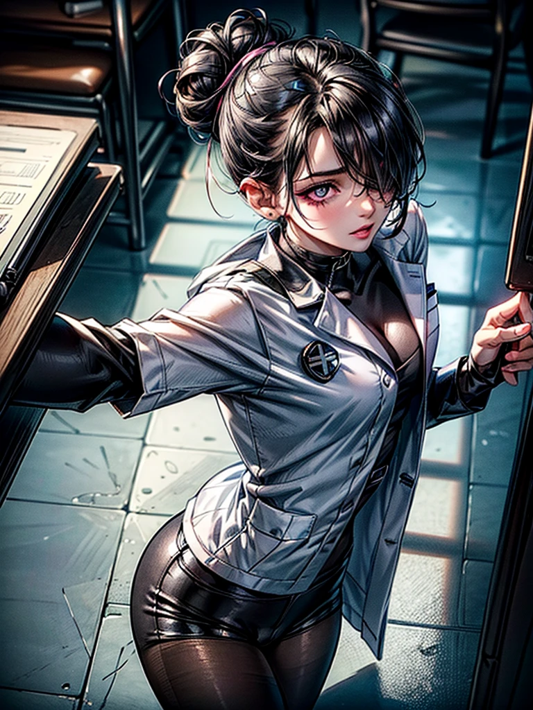 8K,high-level image quality、reality、solo ,(Female doctor)、doctor uniform ,hospitals、(white lab coat), (hospital examination room) indoors, work desk, 、Chest Reveal、black hair ,hair bun ,sexy , (wearing black underwear under the coat:1.2) , underwear , cowboy shot , Stethoscope