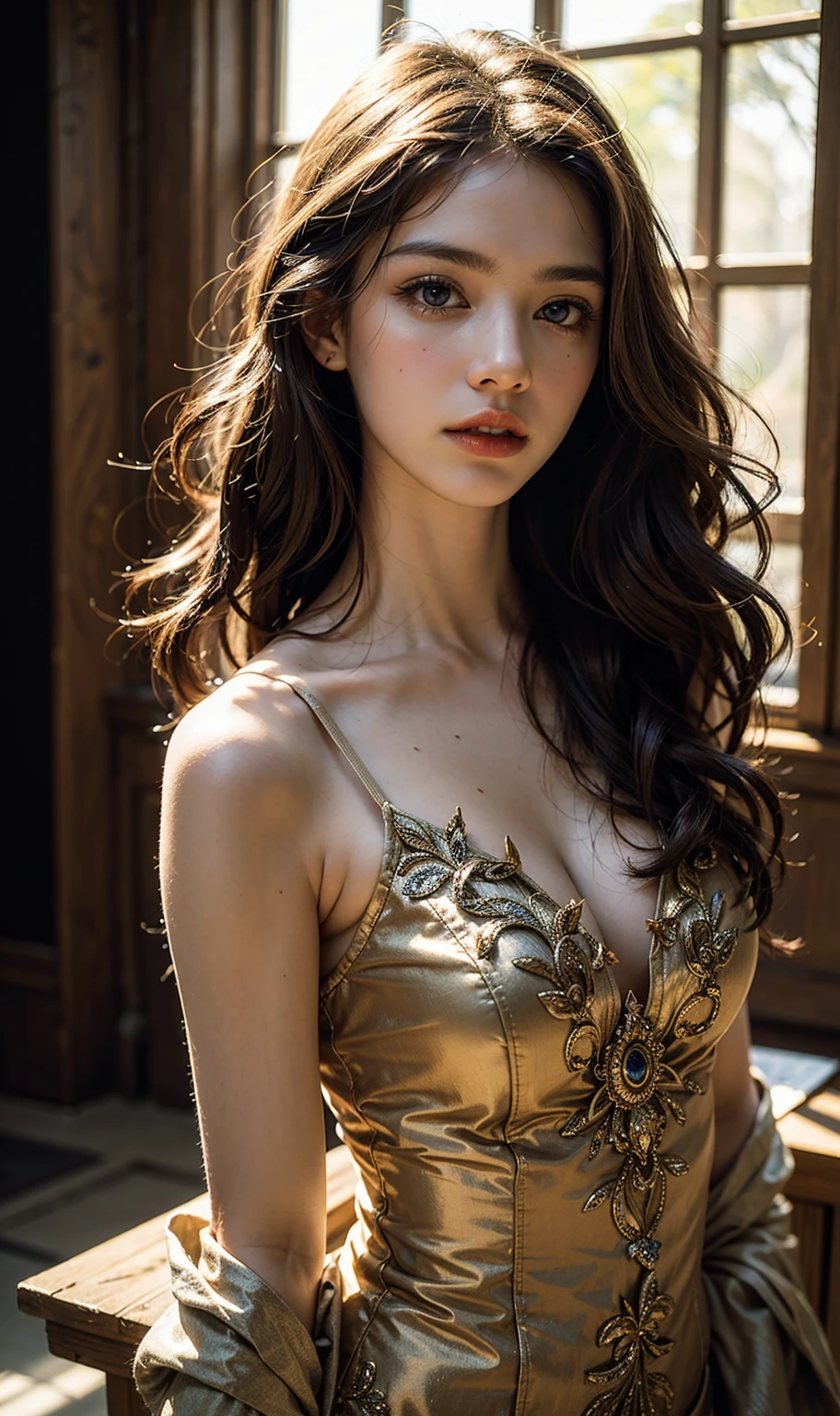 (masterpiece), (extremely intricate:1.3), (realistic), portrait of a muscular girl, ((((detailed mature 40year elven woman, ((blackout gothic eye makeup, red lips, strong square cleft chin, arrogant, [small breasts:medium breasts:0.8]), diamond tiara, golden hour, clear green eyes, long straight ginger hair, wedding dress, tanned skin)), emerald necklace)), freckles: 1.0, professional lighting, photon mapping, radiosity, physically based rendering, ultra resolution, hyper-realistic), metal reflections, upper body, outdoors, intense sunlight, far away castle, professional photograph of a stunning woman detailed, sharp focus, dramatic, award winning, cinematic lighting, volumetrics dtx, (film grain, blurry background, blurry foreground, bokeh, depth of field, sunset, interaction, photorealistic:1.4), 8K