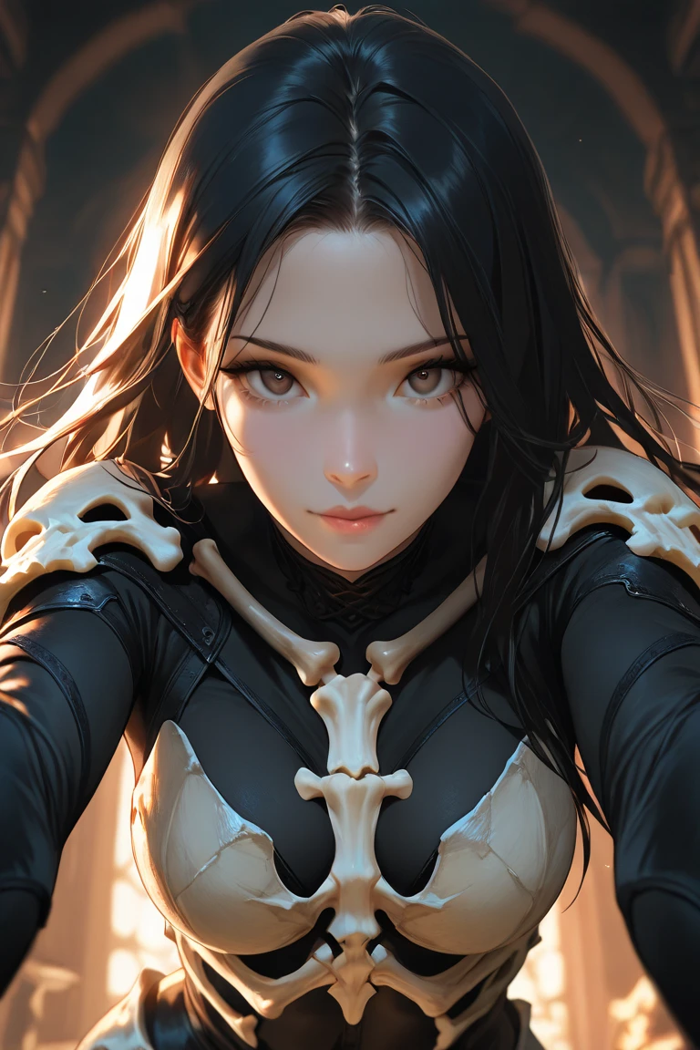 (((best quality))), (solo female), ((full-body)), long black hair, light blue eyes, emotionless expression, perfect face, purple+black+yellow bodysuit armor, amber glowing parts, sci-fi style, vibrant colors, futuristic lighting, detailed hair strands, metallic texture, sleek design, dynamic pose