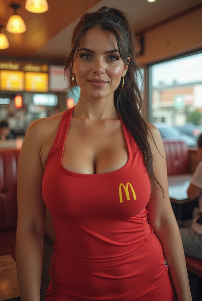 1girl, huge large breasts, huge large round ass,huge large bubble butt, solo,
employee uniform, fast food uniform, visor cap, short sleeves, clothes writing,
from above, full body, looking away, french fries, closed mouth,
best quality,medium quality,