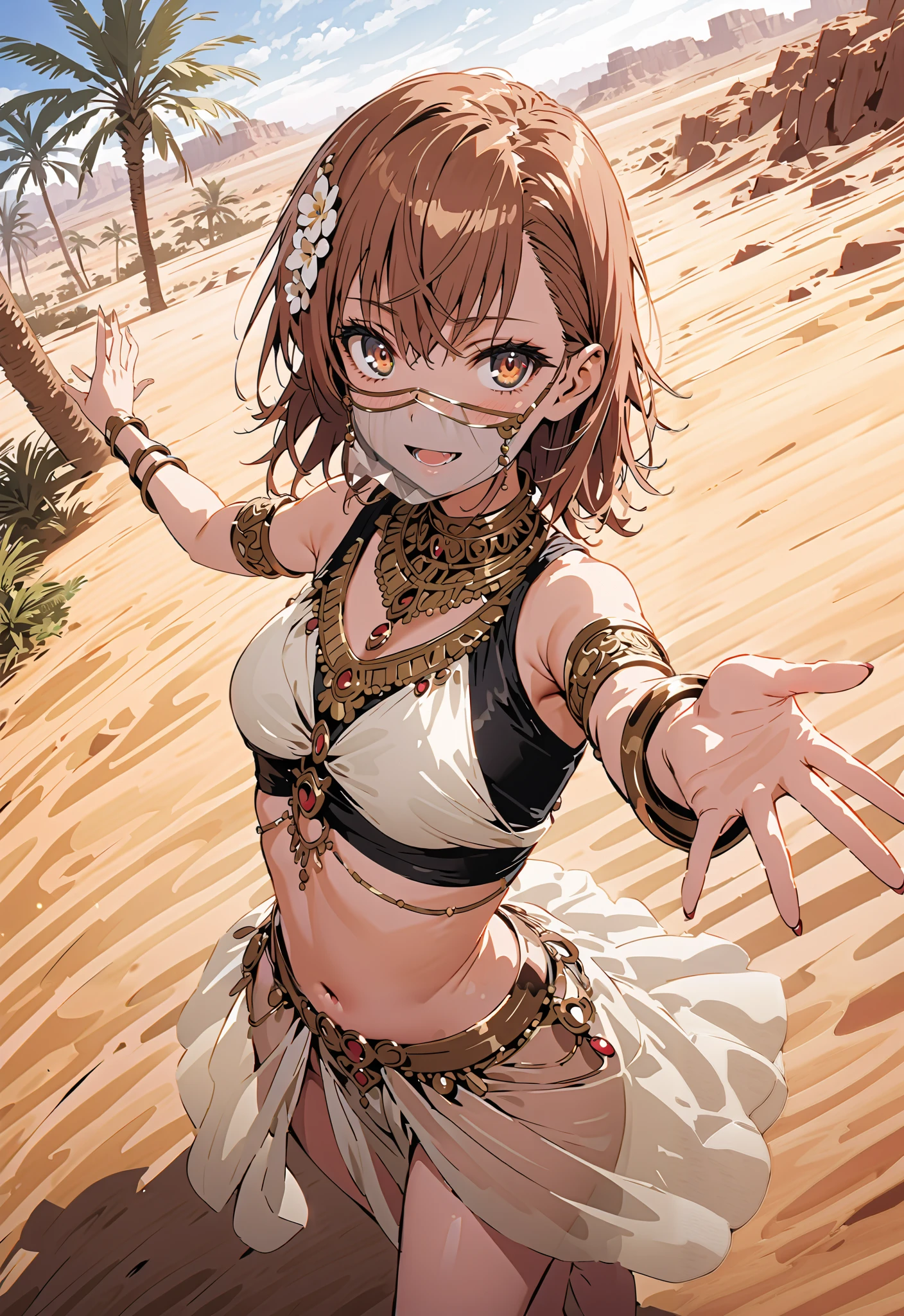 Mikoto and Misaka, Misaka Mikoto , short hair, black cock, hair ornament, hair flower, brown eyes,Arabian clothing, dancer , mouth Veil, belly Dancing, Veil, Armlet,Bare legs,Dancing,standing,smile,cover,palm tree,full bodyがillustration for both eyesに入るように,break outdoors, desert, oasis,
break looking at viewer,full body,
break (masterpiece:1.2), Highest quality, high definition, Unity 8K Wallpaper , (illustration for both eyes:0.8), (Beautiful Detailed Eyes:1.6), highly detailed face, perfect lighting, extremely detailed CG, (perfect hand, perfect anatomy),