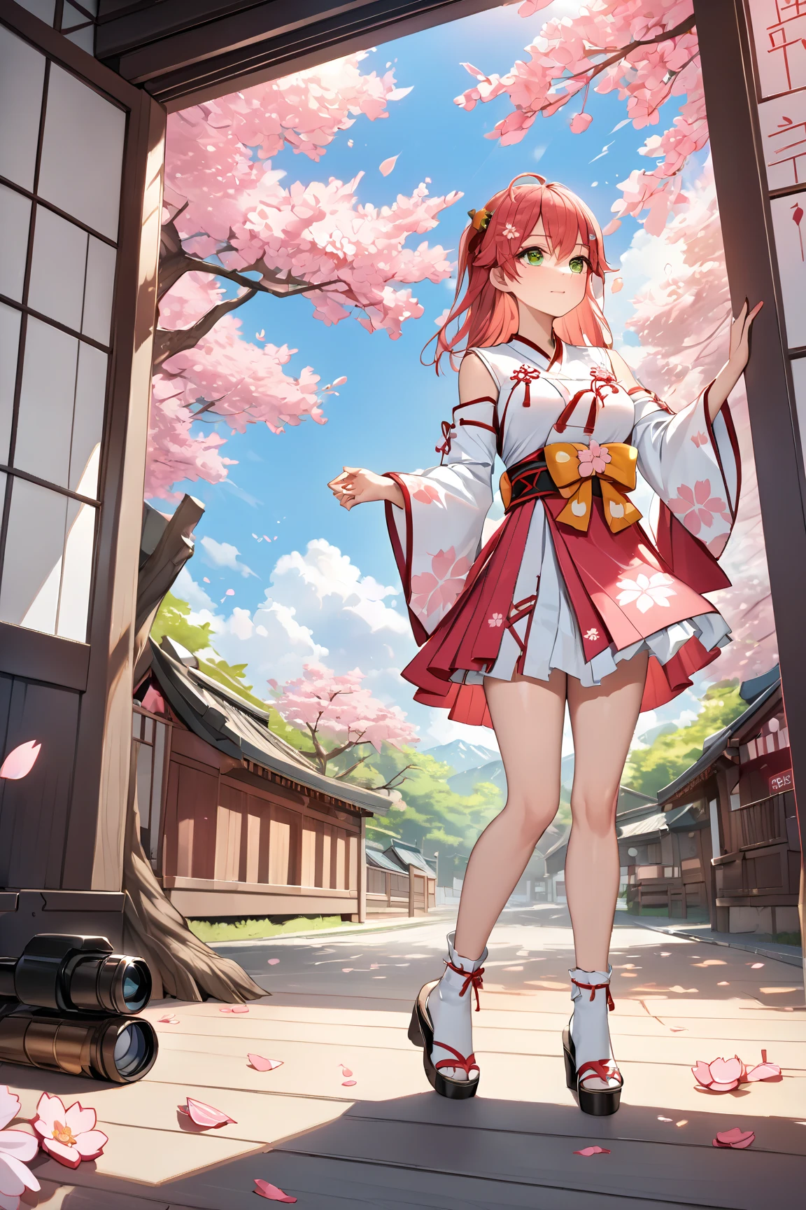 JR_style, detail, color trace, outline, halftone, drop shadow, color Style, cherry_blossoms, 1girl, branch, solo, sandals, tree, japanese_clothes, looking_at_viewer, petals, breasts, wide_sleeves, hair_ornament, pink_flower, flower, long_hair, skirt, autumn_leaves, white_kimono, long_sleeves, bad hands