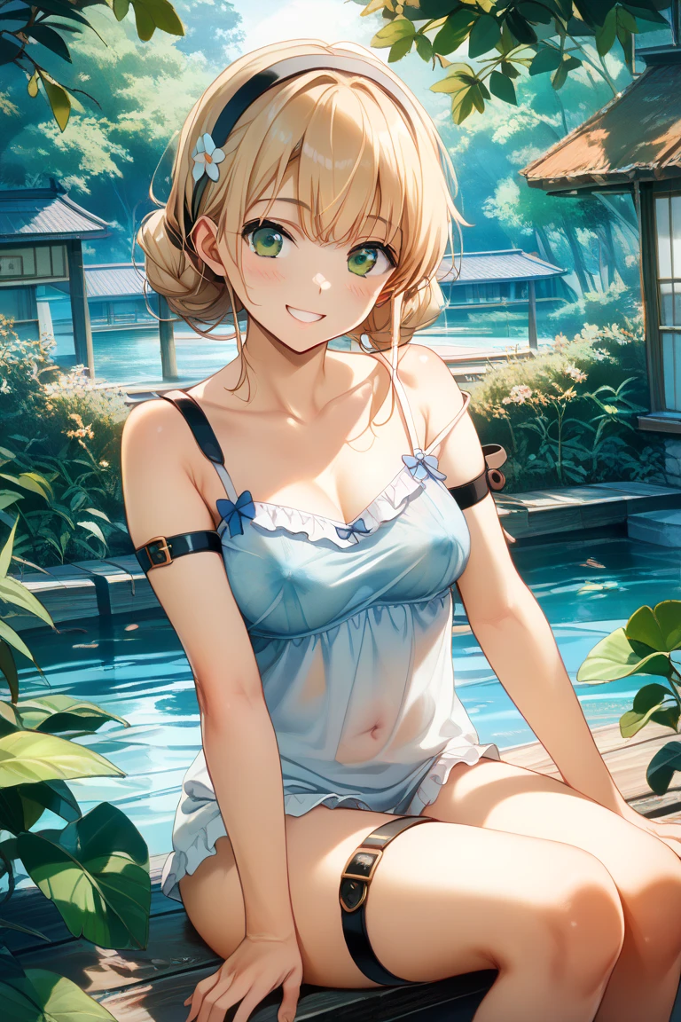 girl, Sweat, vapor, Center of chest, shy, Great hands, Looking at the audience, Cute Smile