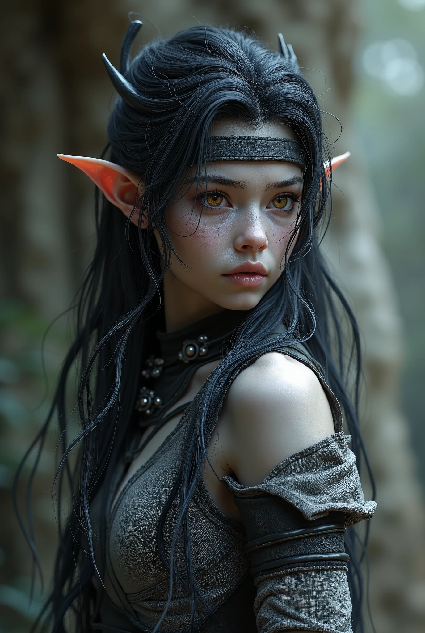 The hybrid elf, despite being only , already carries an intimidating and enigmatic presence. His body is slender, but surprisingly strong, with well-defined muscles for his age, a reflection of his powerful lineage and the intense training he undergoes daily. His skin has a grayish tone, a fusion between the pale complexion of normal elves and the deep black of dark elves. This tone makes him always seem in the shadows, even under direct light. His eyes are a spectacle in themselves: an amber glow mixed with violet, like an eternal twilight, carrying an intense and predatory gaze. His hair is a perfect combination of his two heritages - black as night, but with silver highlights that shine in the light. He keeps it loose and wild, falling in irregular layers to his shoulders, but when training or in battle, he ties up some strands so as not to obstruct his vision. His features are refined and angular, but without losing a certain youthful air, showing that he has not yet reached the full physical maturity of an adult elf. His ears, perfected shorter than those of a pure elf, still have an elegant curve that betrays his origins. For training, he wears a tight and flexible set, made of fabric reinforced with enchanted fibers, allowing resistance and freedom of movement. The short-sleeved tunic is grayish with black and silver details, highlighting his unique status. He wears black leather straps, marked with elven runes, which amplify his physical resistance. The tight and resistant pants allow for quick jumps and turns, and his light boots, made of magical creature leather, ensure silent steps. In moments of more intense combat, a dark band is tied around his forehead, keeping rebellious hairs away from his eyes. His fingers, covered by pointless gloves, glow subtly with the energy of his latent magic, always on the verge of activation. Despite his young age, the hybrid already demonstrates a frightening power, and his solitary and reserved presence means