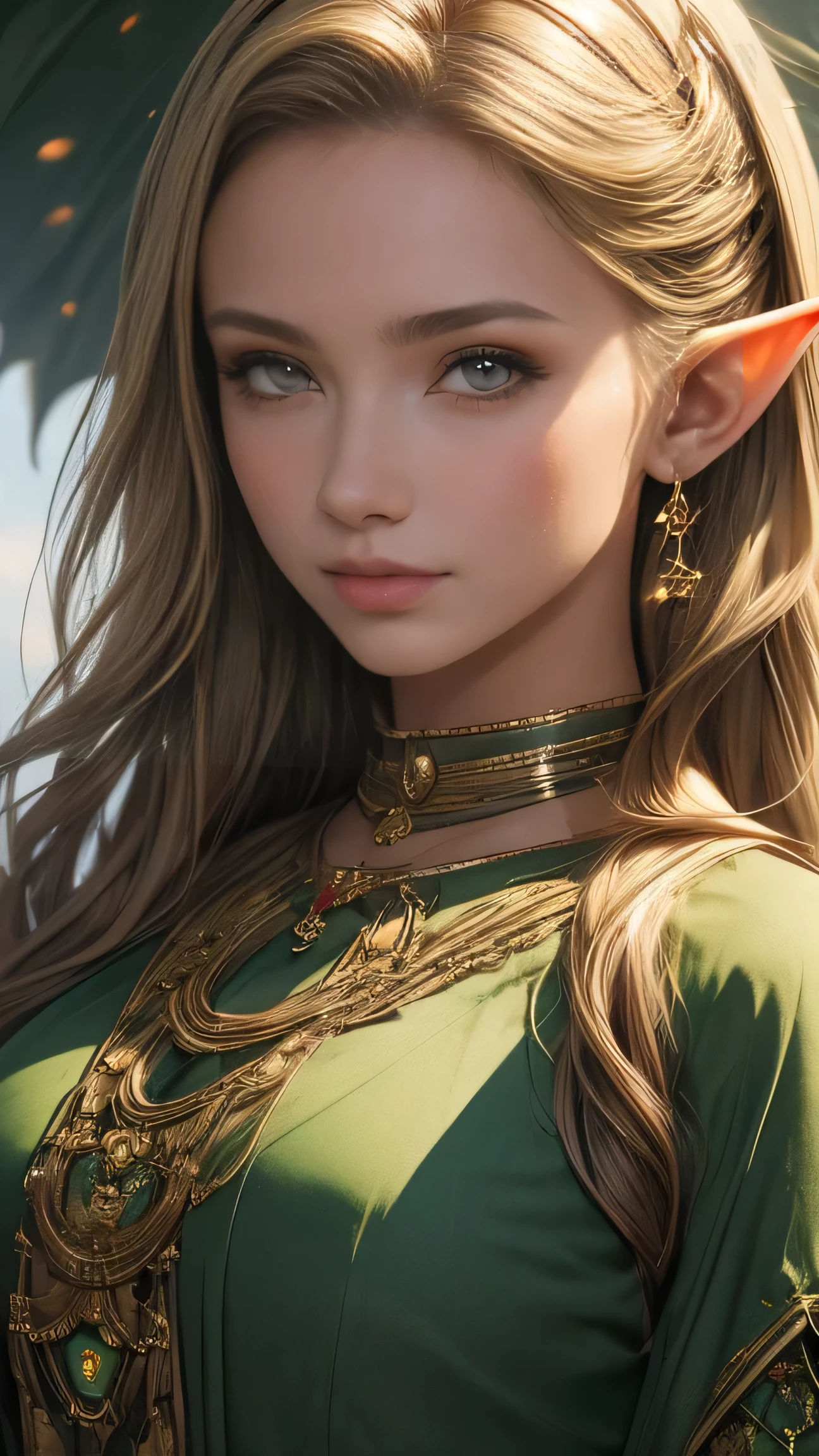 (detailed face, detailed eyes, clear skin, clear eyes, green eyes), fantasy-rich, elf, female, (((full body visible))), looking at viewer, portrait, photograph, detailed skin, realistic, photorealistic, 8k, very detailed, full body, high detail RAW color image, diffuse soft lighting, shallow depth of field, sharp focus, hyperrealism, cinematic lighting