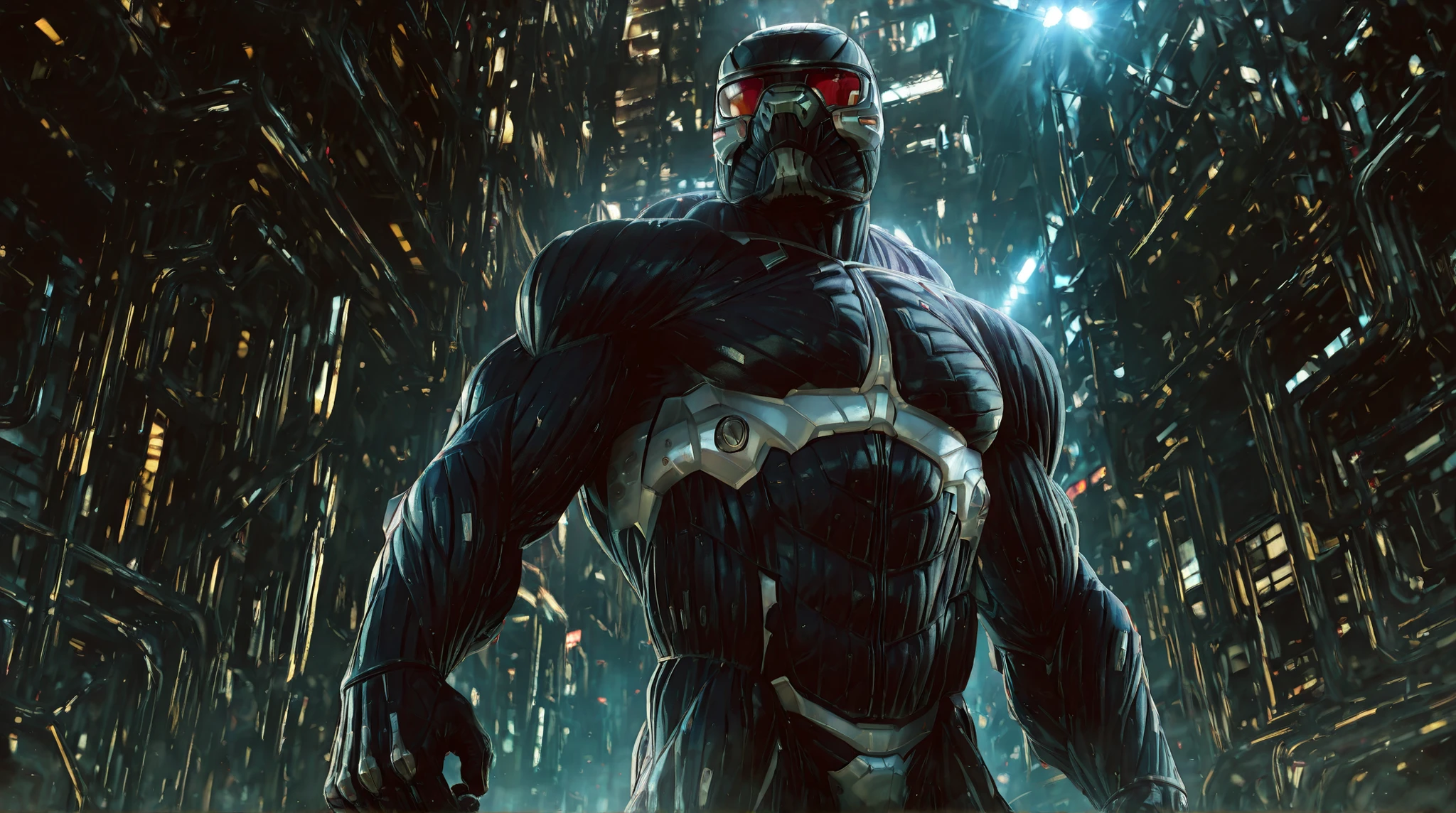 Sharp focus, masterpiece, 8k, Realistic,cinematic realistic, hyper detailed, high detail, best quality, perfect colors, perfect shadows, perfect lighting,nanosuit,(masculine:1.8),musclar,bodybuilder nanosuit,nanosuit helmet