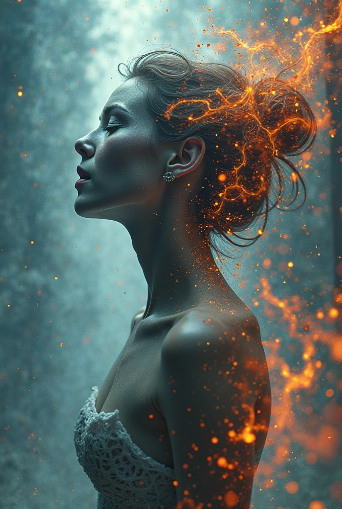 A digital artwork of a female figure composed of intricate geometric lattice structures, molecular formations, and crystalline interference patterns. The artwork is a blend of 3D render, painting, and conceptual art. The feminine figure's silhouette is a complex amalgamation of various crystallographies, including diamond lattices, DNA double helix spiral motifs, and quasicrystal fractal ornaments. Her "molecular skin" reveals minute details of Van der Waals forces, covalent bonds, and atomic extensions of different elements, with areas transforming and metamorphosing continuously. The entire realm is infused with a dynamic force field of Miller indices, Bragg planes, and scattering vectors.