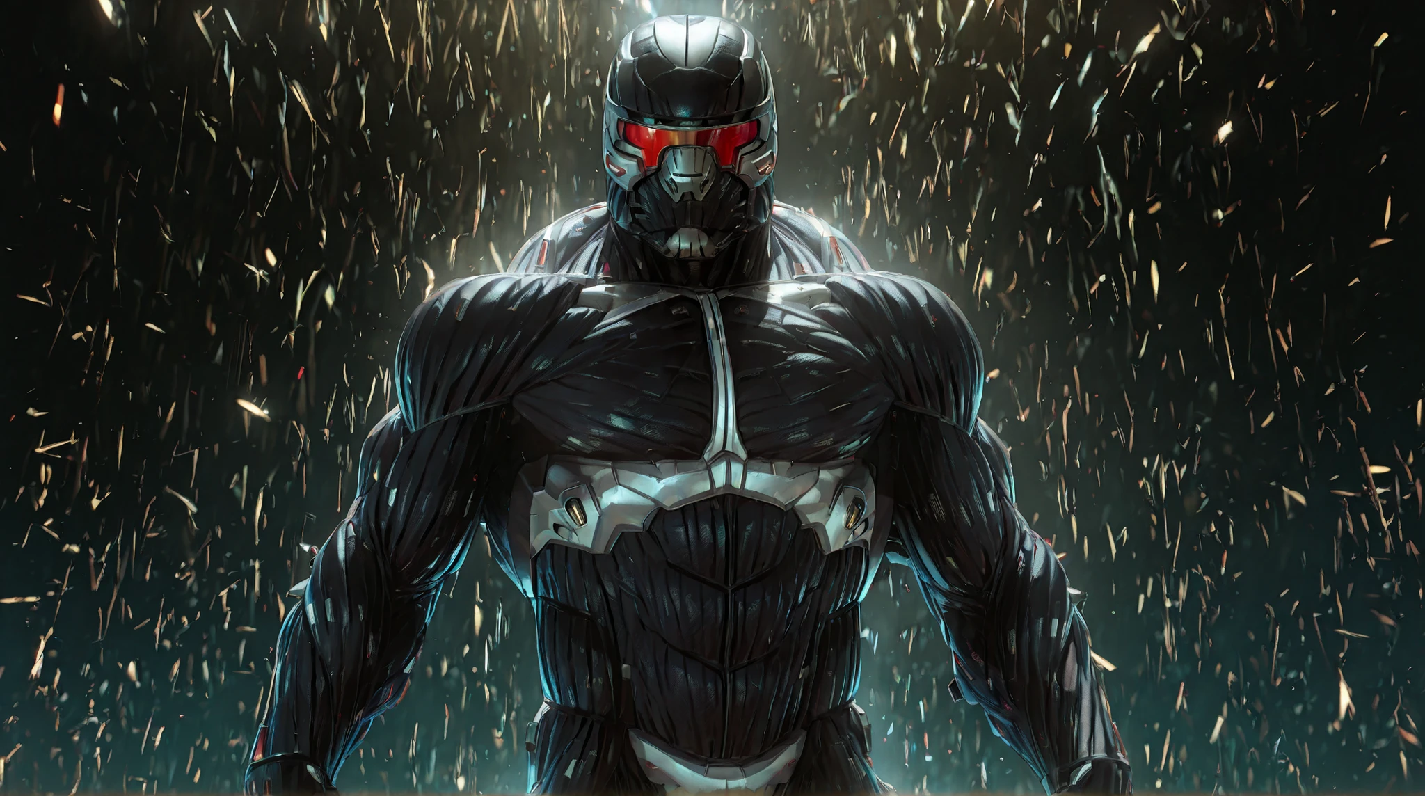 Sharp focus, masterpiece, 8k, Realistic,cinematic realistic, hyper detailed, high detail, best quality, perfect colors, perfect shadows, perfect lighting，nanosuit,(masculine:1.8),musclar,bodybuilder nanosuit，nanosuit helmet
