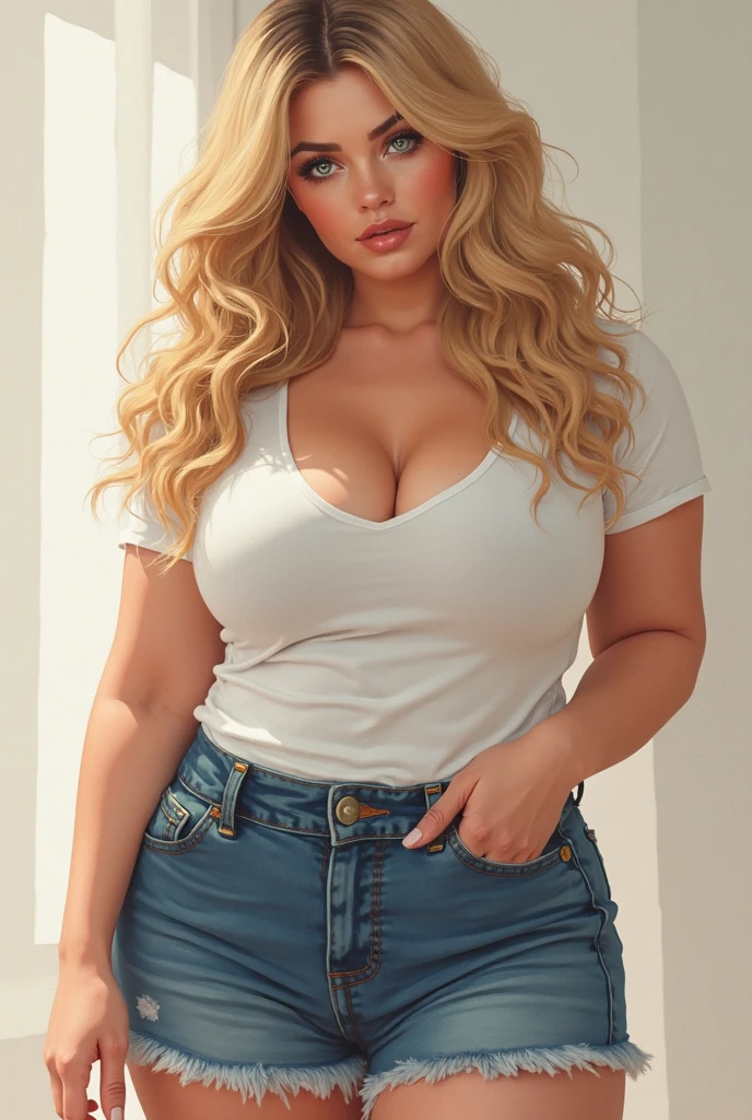 Lucy Pinder, face portrait, beautiful face, smiling, voluptuous woman, ((very intense makeup)), ((bright lipstick)), long hair, blonde hair, straight hair, hairstyle, tank top, cleavage, short jeans , jean fabric miniskirt