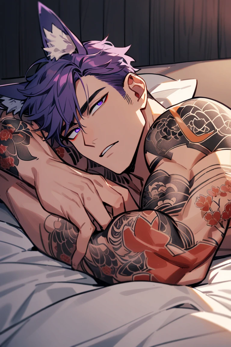 Handsome male, brown skin, dark skin, red eyes, purple hair, short hair, detailed body, detailed hands, laying on bed, pants unbotton, ecstacy expression, tattoos, piercings, pleading eyes, teary eyed, begging, ecstasy