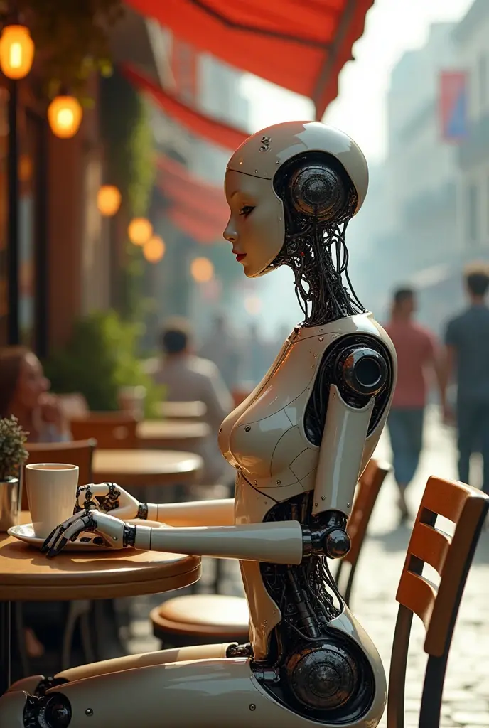 Sexy female cyborg sits erotically at a table in a street cafe, foot on foot, (Best quality, 4K, 8 K, a high resolution, masterpiece:1.2), absurdity, masterpiece, Ultra detailed, (realistic, photorealistic, photorealistic:1.37), the hard parts, HDR, (the hard parts:1.12), (hyper detailed, hyper realistic, soft lighting, spicy:1.2), beautiful figure, Magnificent Anatomy, (the hard part, hyper detailed:1.15), Smooth skin,