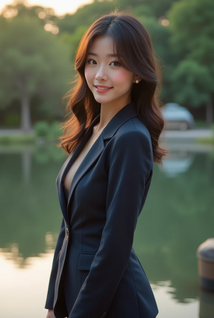 (Best Quality, masutepiece: 1.2), Woman, Portrait, plein air, Young Woman, Sexy, Glamorous, Glamorous, Casual Suit, Dressing, Fashion, Temperament、cleavage of the breast、17 age