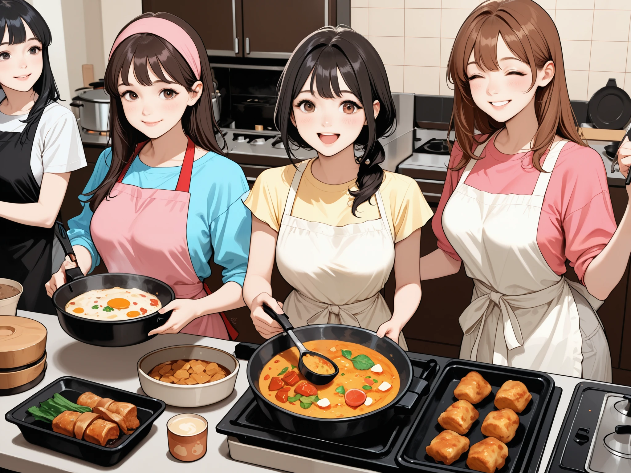 girl cooking finished food with her friends:
A few girls、happily cooking
Share each role、cooperating、Everyone is tasting