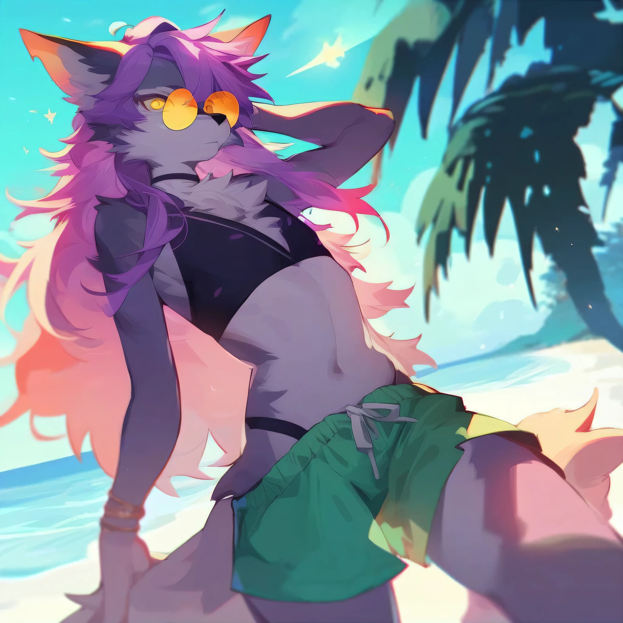 Male furry wolf character; wearing purple bra, panties and long striped stockings at the beach