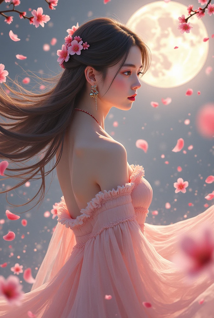 masterpiece, 最high quality, night, Mountain, full moon, Long black hair, woman, fire Fly, performer, Mysterious cherry tree, Pink leaves, high quality, Beautiful graphics, High detail