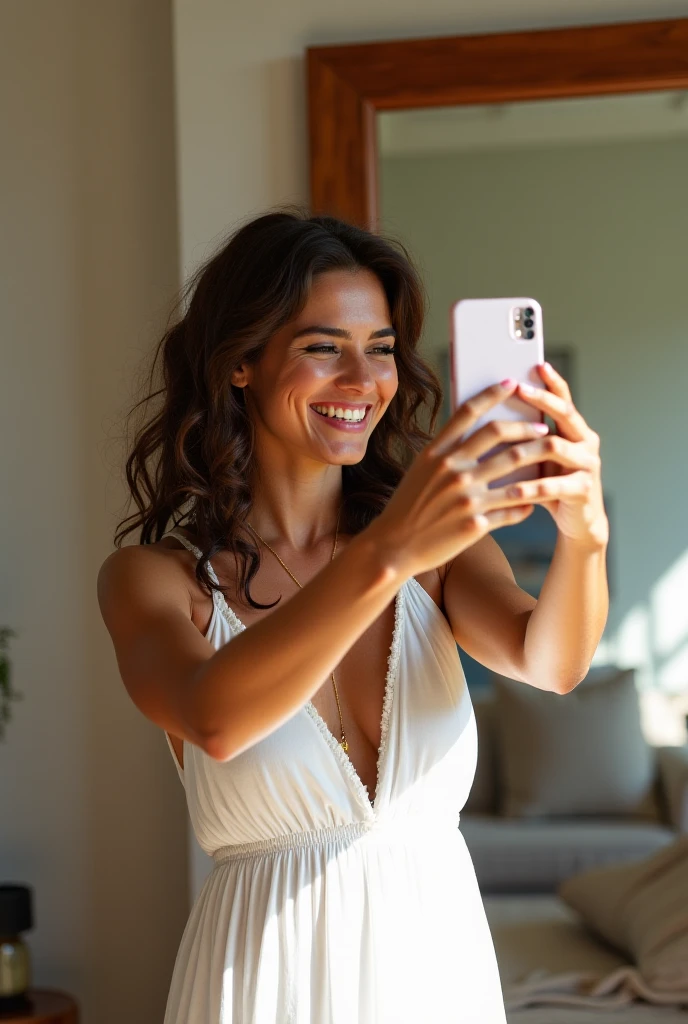 L'image d'une femme caucasienne qui entre 30 ans et 40 ans, habillée dans une robe blanche plissée se tenant devant un miroir dans une salle de bain. She smiles and takes a selfie with her phone. There are two yellow lamps, one on each side of the mirror.