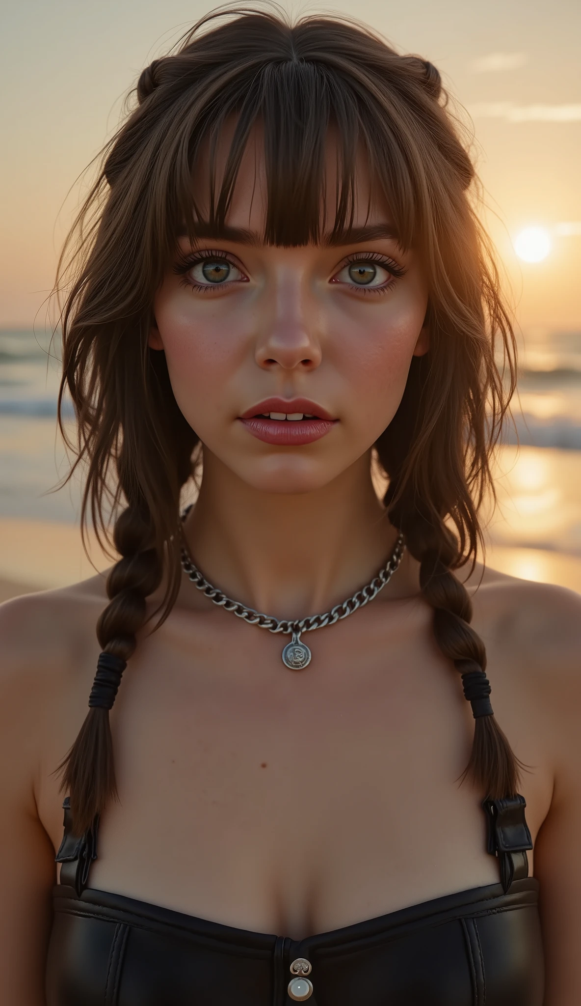 🌟 quality & silent: whole head down to below the chest, three sided view, masterpiece, 8k, ultra high resolution, hyperrealistic, very detailed, natural lighting, SLR lighting, SLR camera , Fujifilm XT3, film grain, Sharp concentration, perfect lighting. 🌌 Scene & background: different backgrounds: A romantic sunset on the beach, with warm,  golden hues . A dark, mysterious forest with moonlight, that falls through the trees. A luxurious Bedroom with candlelight and silky curtains. Ein urbaner background mit Neonlichtern und regennassen Straßen. 😈 model & Styling:  wild girl, black hair, different hairstyles such as ahoge, quin tails, tri tails, pixie cut, expressive hair, single sidelock, hair pulled back, french braid, blunt bangs, streaked hair, flattop , which in various Poses fall loose or styled are,  and bright blue eyes , glowing blue eyes,  She is wearing a lightweight , leather corset with deep neckline. 🔥 Pose & Mood: Different sensual facial expressions:  she looks directly at the camera , with a seductive smile and half-closed eyes. She opens her lips slightly, with a playful and tempting look. She tilts her head slightly to the side, with a dreamy and sensual expression. She looks over her shoulder, with a mysterious and intense look. Die Mood ist sinnlich, seductive and full of emotions. 💋 
