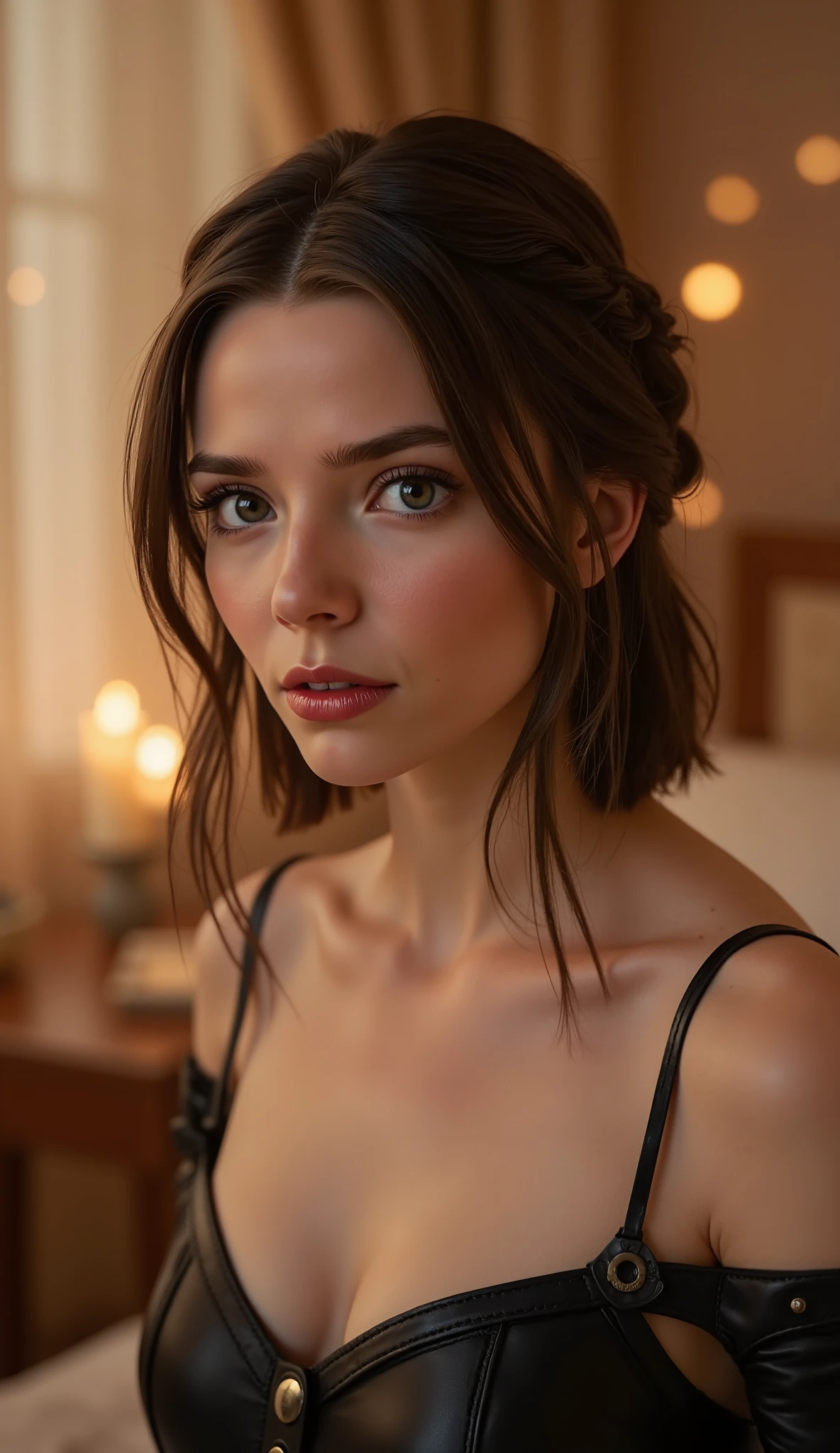 🌟 quality & silent: whole head down to below the chest, three sided view, masterpiece, 8k, ultra high resolution, hyperrealistic, very detailed, natural lighting, SLR lighting, SLR camera , Fujifilm XT3, film grain, Sharp concentration, perfect lighting. 🌌 Scene & background: different backgrounds: A romantic sunset on the beach, with warm, golden hues . A dark, mysterious forest with moonlight, that falls through the trees. A luxurious Bedroom with candlelight and silky curtains. Ein urbaner background mit Neonlichtern und regennassen Straßen. 😈 model & Styling: wild girl, black hair, different hairstyles such as ahoge, quin tails, tri tails, pixie cut, expressive hair, single sidelock, hair pulled back, french braid, blunt bangs, streaked hair, flattop , which in various Poses fall loose or styled are, and bright blue eyes , glowing blue eyes, She is wearing a lightweight , leather corset with deep neckline. 🔥 Pose & Mood: Different sensual facial expressions: she looks directly at the camera , with a seductive smile and half-closed eyes. She opens her lips slightly, with a playful and tempting look. She tilts her head slightly to the side, with a dreamy and sensual expression. She looks over her shoulder, with a mysterious and intense look. Die Mood ist sinnlich, seductive and full of emotions. 💋
