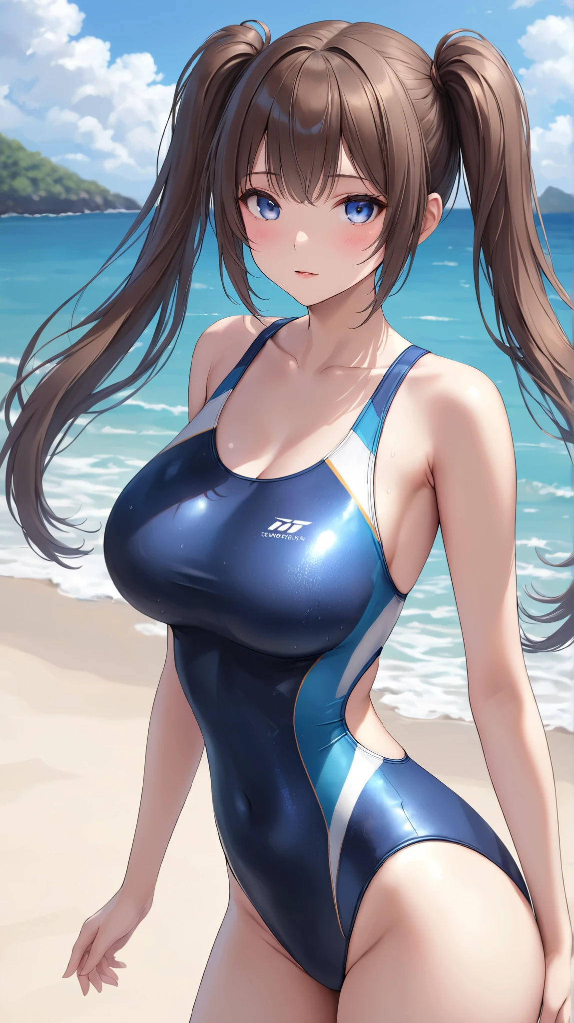 ,Open mouth, large breasts,wide hips,,twin braids,brown hair,long hair,blush,,standing,cowboy shot,navel,Bright glossy screen,,brown hair,,open mouth, ,,huge breasts,,narrow waist,navel,beach,competition swimsuit,arms up,armpits