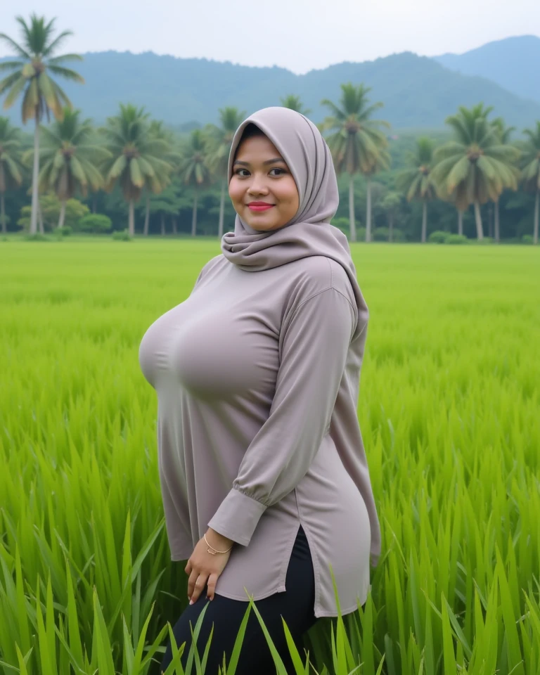 (((46 years old, Indonesian Mature woman, mature age woman, Hijab, Wearing Tight Long-Sleeve T-shirt))), ((Natural Gigantic Breast : 1.4)), casual Pose, Smiling face, Professional Photoghraphy, work By Master Of Photoghraphy, (((At Rice Field))), realistic Light, Deep photo, Full body shot, 32K Best Quality photo, Ultra-high reallistic Photos.