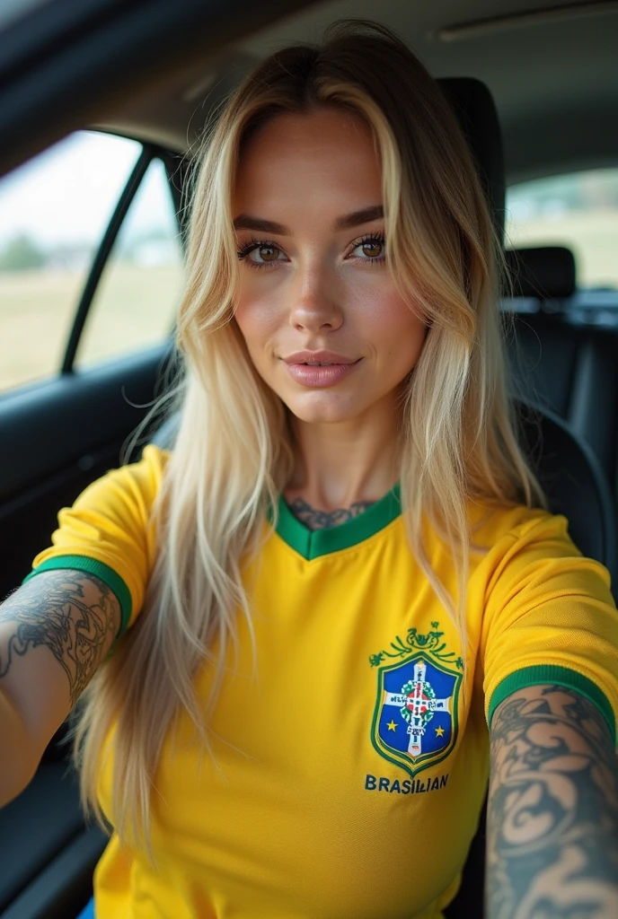 Rubio mujer con una camisa amarilla sentada en un auto con la mano en la cabeza, Brazilian supermodel, cara como ester exposito, looks like a christmas fairy tale, yelena belova, Dua Lipa, ava max, rubio, rubio mujer sueca, inspirado en Elsa Bleda, olivia de bernardini, ella tiene cabello rubio, carolina gariba