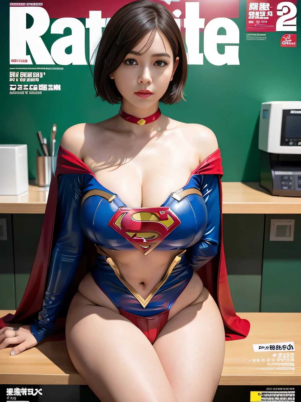 masterpiece、Rubber Supergirl Costume、short hair、barefoot、Big and ample breasts、looking at the camera、choker、Long sleeve、Cape、mini skirt、Off the shoulder、Sweaty skin、Hospital room、Photo magazine cover、Glamorous cleavage、Boasting beautiful legs、High leg leotard、Bare legs、wallpaper for pc、