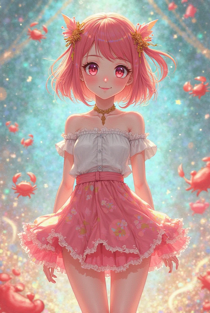 Amiamitchi has a pink face and small, round eyes. In the anime, she has dark pink irises. Her hair resembles balls of yarn, and there is a sewing needle in her hair with a pink ribbon tied on it. She wears a light red dress with white stitching along the bottom. Her stockings are brown, and her arms and body are yellow. SPARKLE; GLITTER