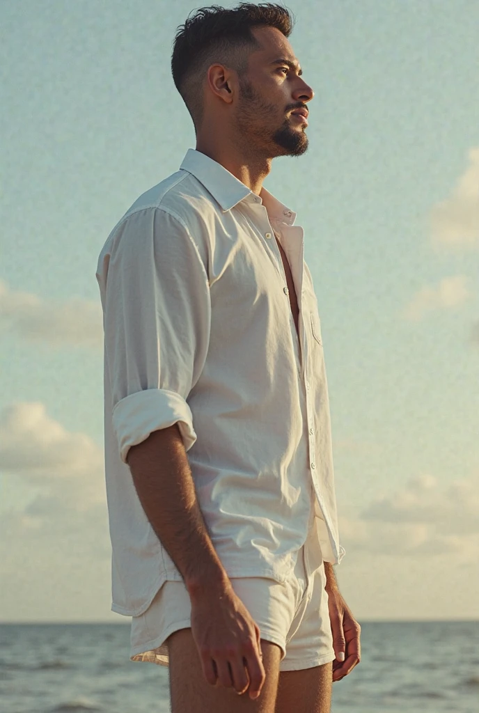 a man looking at the sunset by the sea, his face is white, wearing white shirt and black pants, 29 years old, far from the sea, 