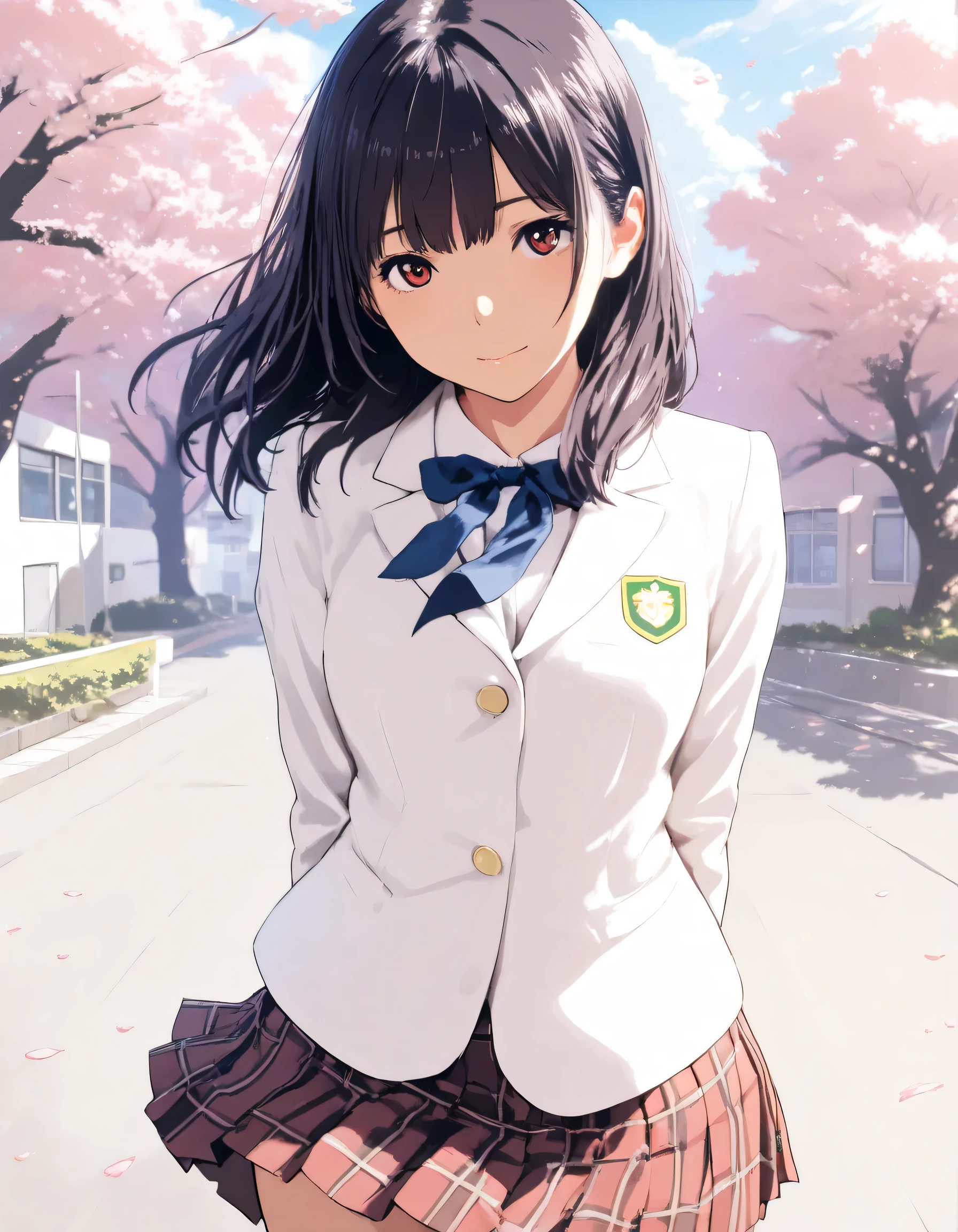 1girl, yoda yuki, gundam, year 2016, school uniform, white blazer, red check skirt, schoolyard, cherry blossom tree, masterpiece, high score, great score, absurdres, 16k, super detail