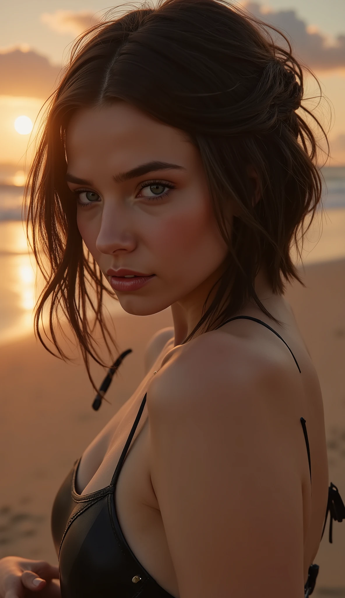 🌟 quality & silent: whole head down to below the chest, three sided view, masterpiece, 8k, ultra high resolution, hyperrealistic, very detailed, natural lighting, SLR lighting, SLR camera , Fujifilm XT3, film grain, Sharp concentration, perfect lighting. 🌌 Scene & background: different backgrounds: A romantic sunset on the beach, with warm,  golden hues . A dark, mysterious forest with moonlight, that falls through the trees. A luxurious Bedroom with candlelight and silky curtains. Ein urbaner background mit Neonlichtern und regennassen Straßen. 😈 model & Styling:  wild girl, black short hair, different hairstyles such as ahoge, quin tails, tri tails, pixie cut, expressive hair, single sidelock, hair pulled back, french braid, blunt bangs, streaked hair, flattop , which in various Poses fall loose or styled are,  and bright blue eyes , glowing blue eyes,  She is wearing a lightweight , leather corset with deep neckline. 🔥 Pose & Mood: Different sensual facial expressions:  she looks directly at the camera , with a seductive smile and half-closed eyes. She opens her lips slightly, with a playful and tempting look. She tilts her head slightly to the side, with a dreamy and sensual expression. She looks over her shoulder, with a mysterious and intense look. Die Mood ist sinnlich, seductive and full of emotions. 💋 