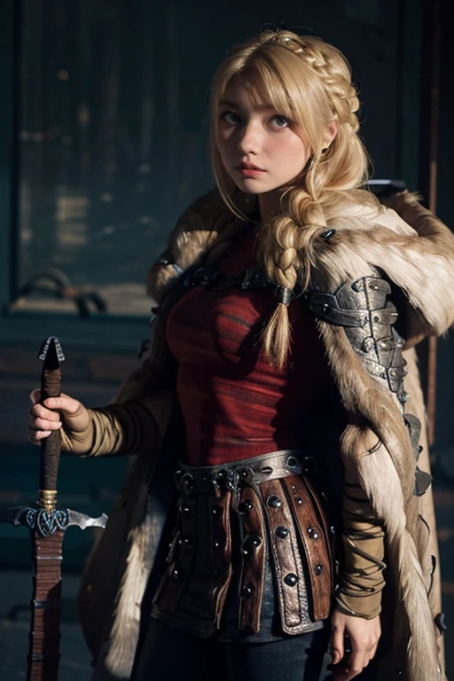 Masterpiece, Best quality,, (photorealistic1.4), (UHD), (epiCRealLife), (flashphoto),, (photorealistic1.4), (Chloe Grace Moretz), (chl03gm), (Astrid Hofferson Costume), (astrid_Character), (Astrid Armor) (AstridWaifu), (cowboy shots), (outdoor), (at night)