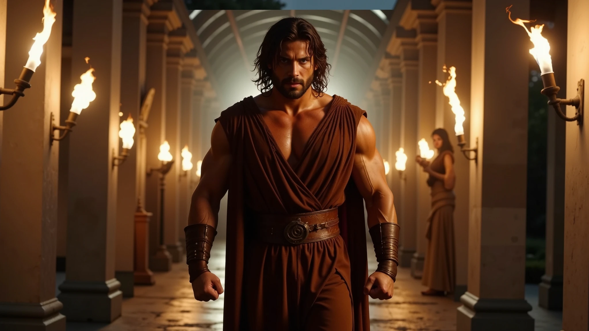 Hercules walking resolutely towards the observer, his fists clenched, muscles tense, and fury blazing in his eyes. It's nighttime, and he moves through a corridor of torches casting flickering light on his tanned skin. He has dark hair, long and flowing, a short beard, and wears a brown cloak paired with a brown skirt. The atmosphere conveys intensity, power, and determination.