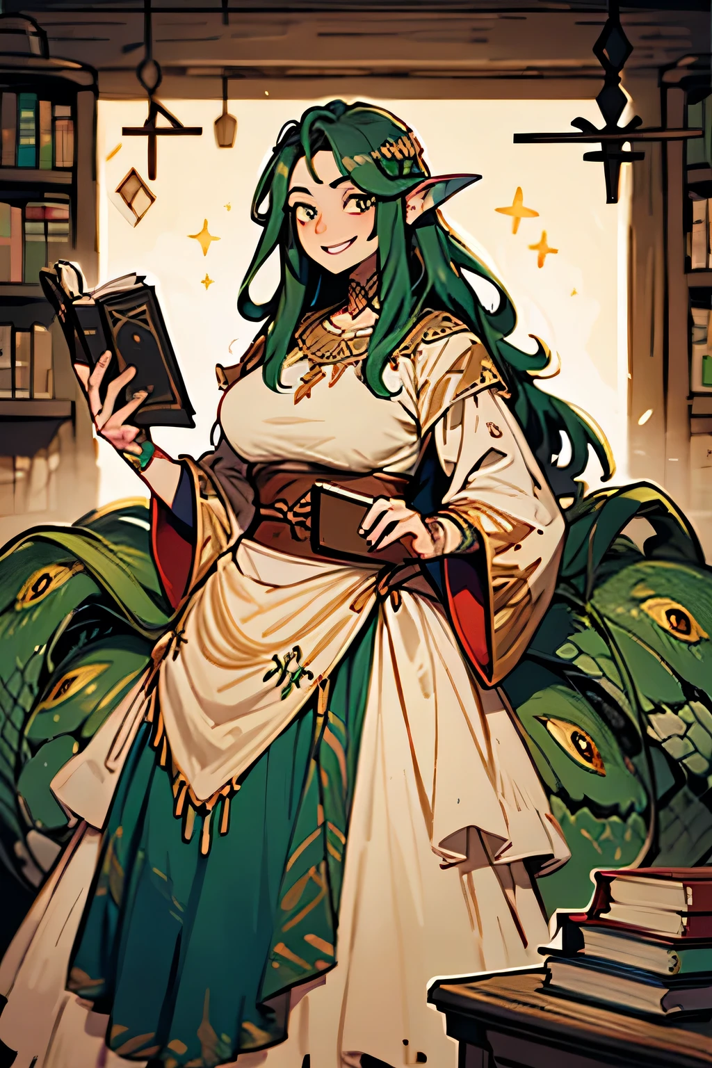 An extremely beautiful character in her 40s with the face of a mother, with long green hair with snakes at the ends, smiling, wearing medieval clothes and holding a book, In addition to having the body of a snake